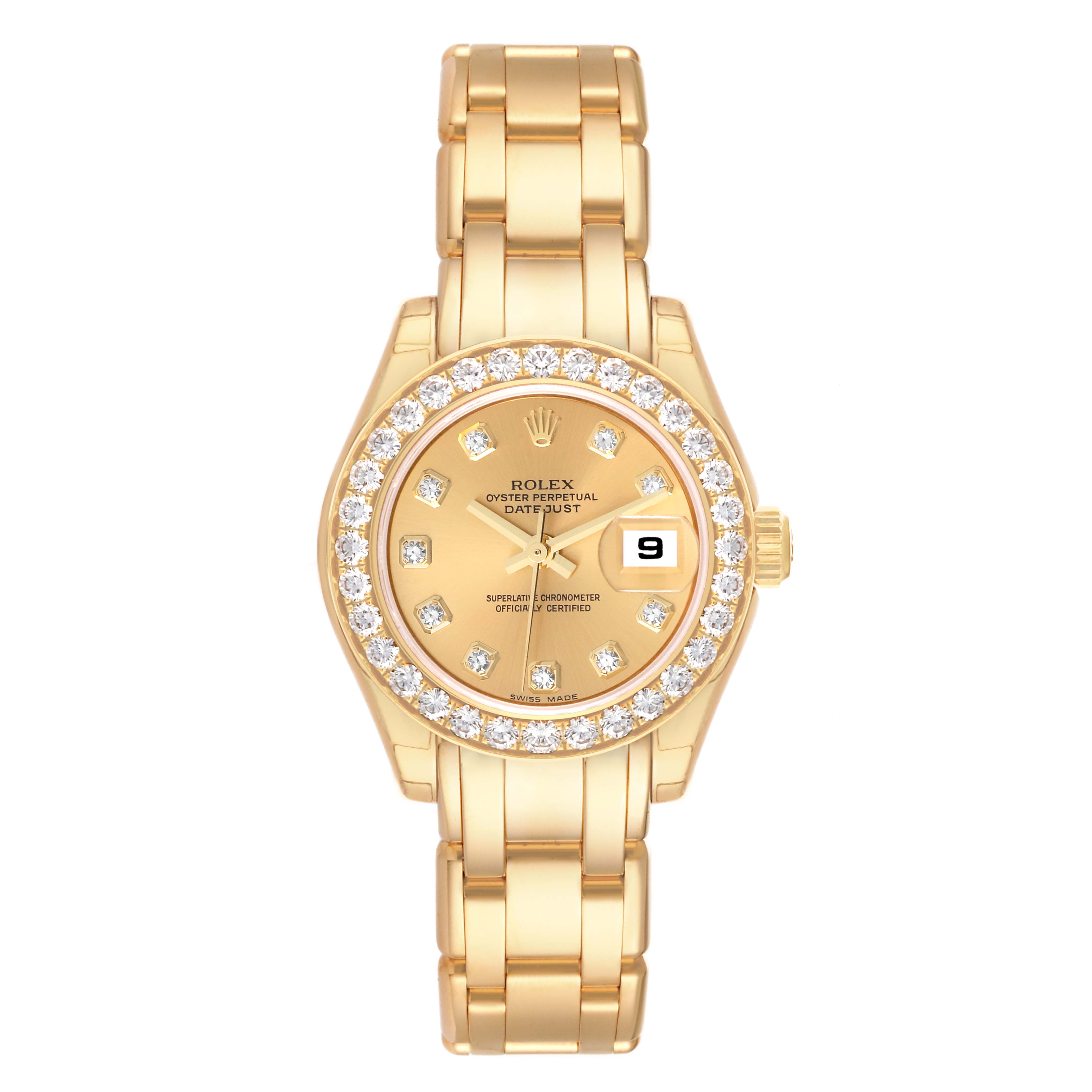 The image shows a Rolex Pearlmaster 80298 Women's Yellow Gold Champagne Dial 80298 Women's Yellow Gold Champagne Dial watch from a frontal angle, highlighting its bezel, dial, and bracelet.