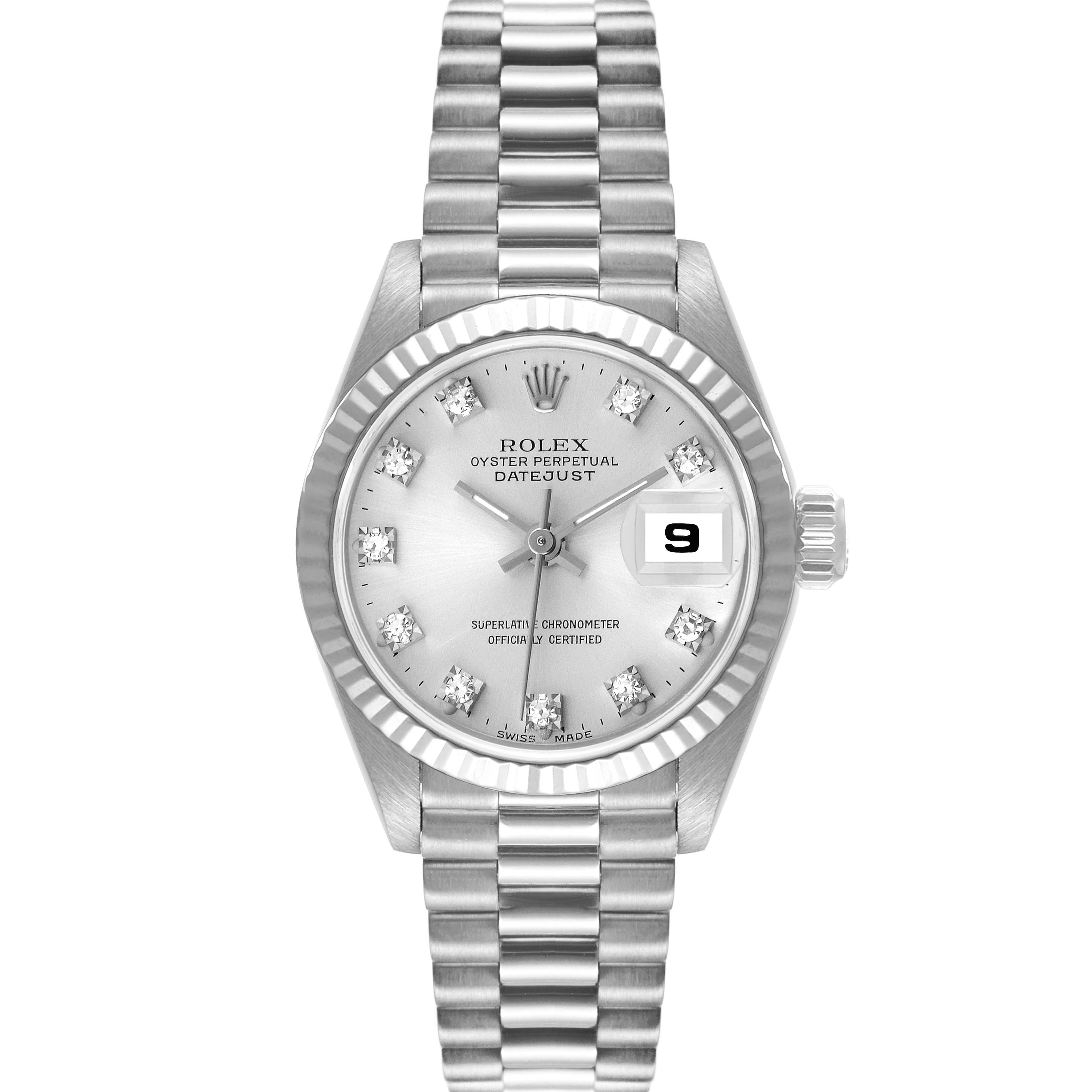 This is a front view of the Rolex President 69179 Women's White Gold Silver Dial 69179 Women's White Gold Silver Dial model watch, showing the dial, bezel, bracelet, and crown.