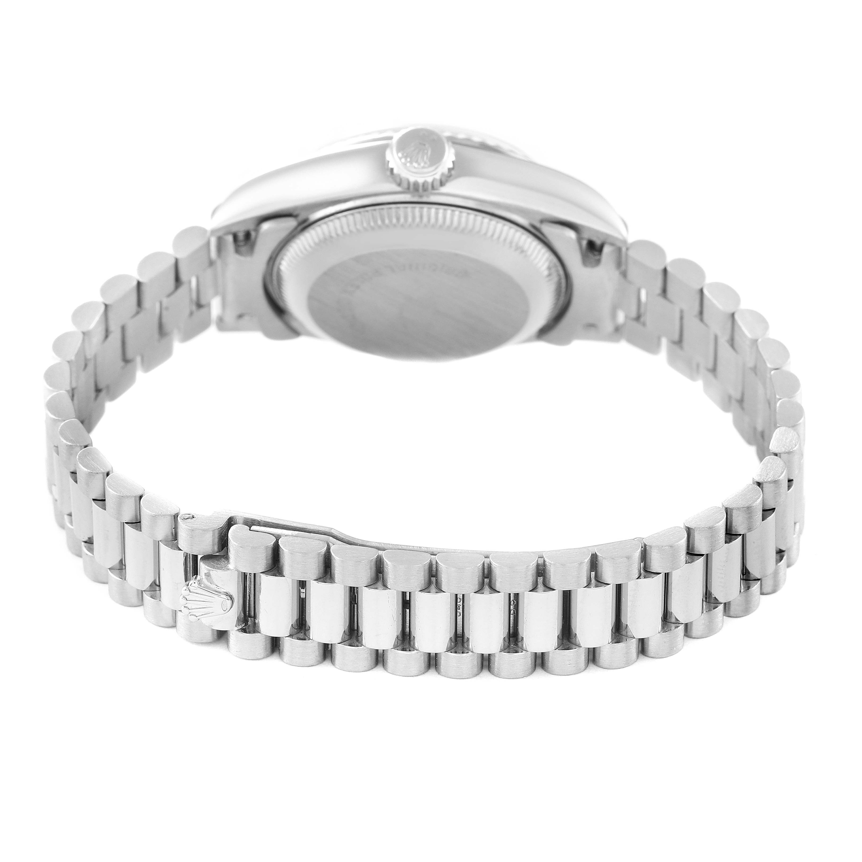 The image shows the back view of a Rolex President 69179 Women's White Gold Silver Dial 69179 Women's White Gold Silver Dial model watch, highlighting its bracelet and case back.