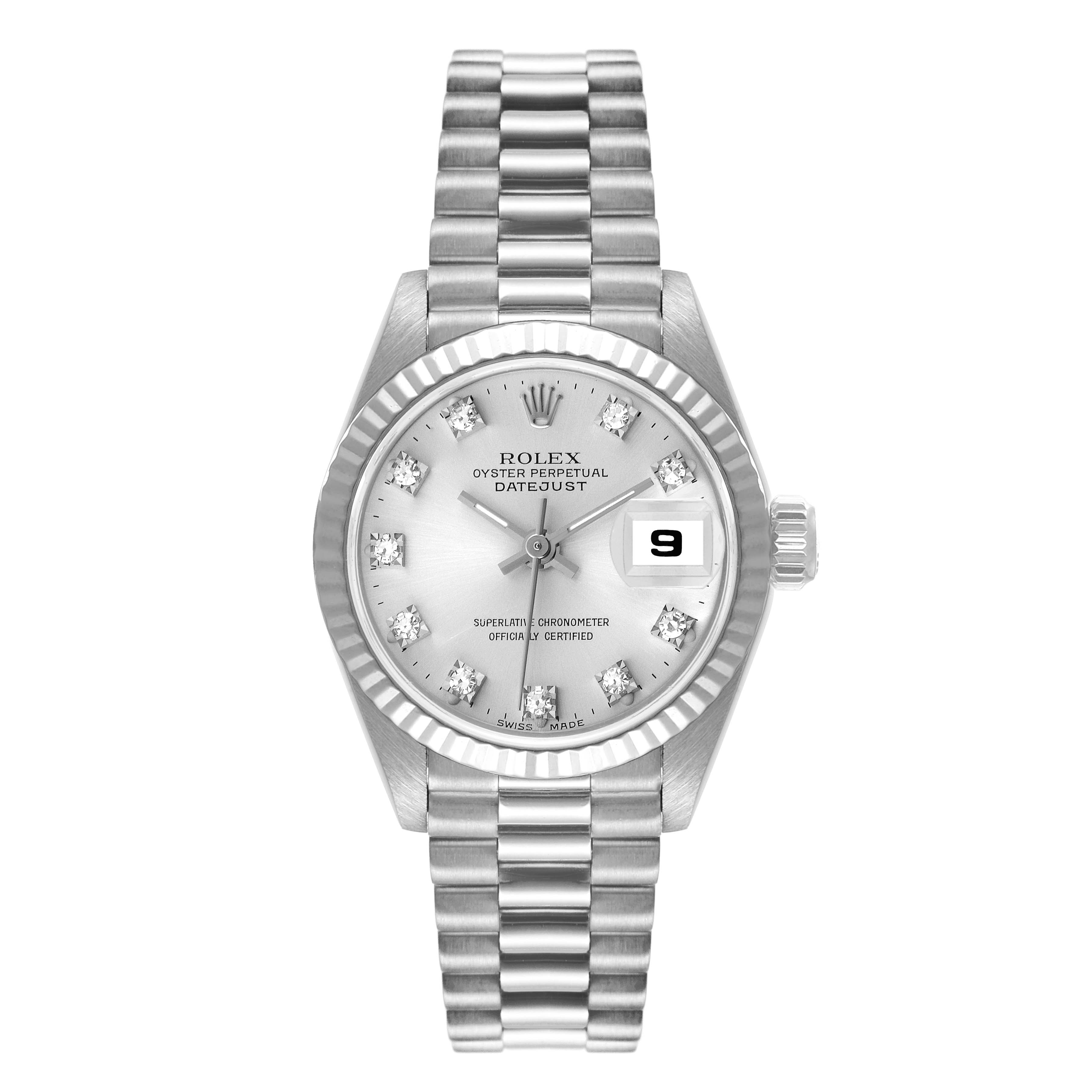 The image shows a frontal view of the Rolex President 69179 Women's White Gold Silver Dial 69179 Women's White Gold Silver Dial model watch, highlighting the dial, bezel, crown, and bracelet.