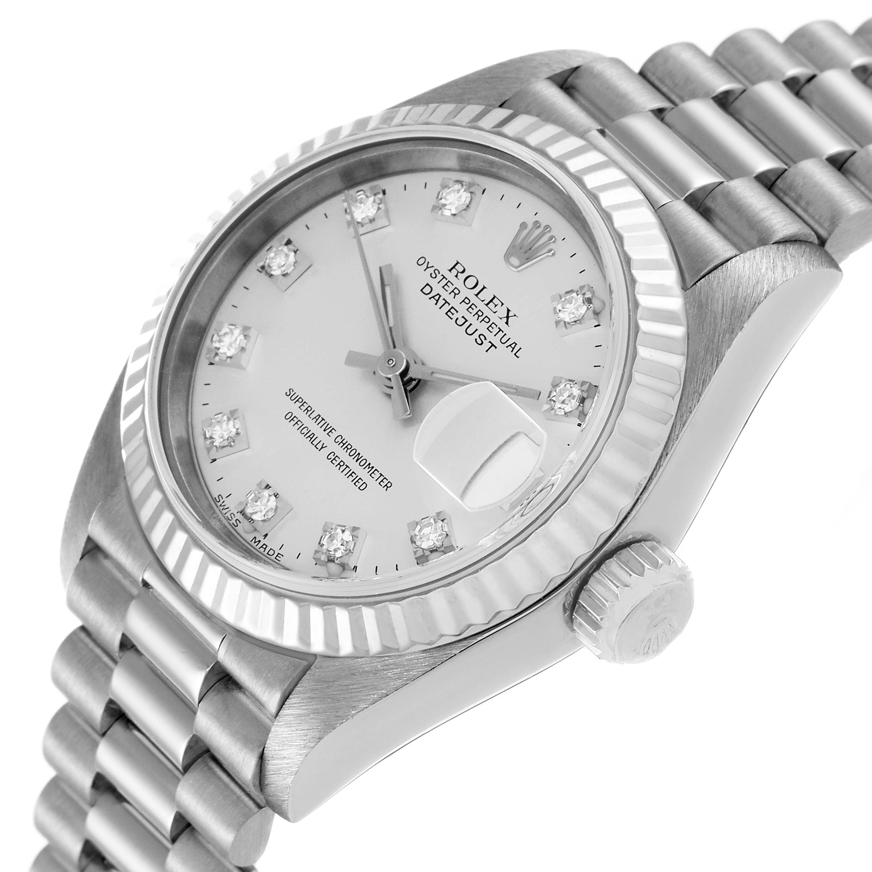 The image shows a Rolex President 69179 Women's White Gold Silver Dial 69179 Women's White Gold Silver Dial model watch at a slight angle, displaying the face, bezel, crown, and part of the bracelet.