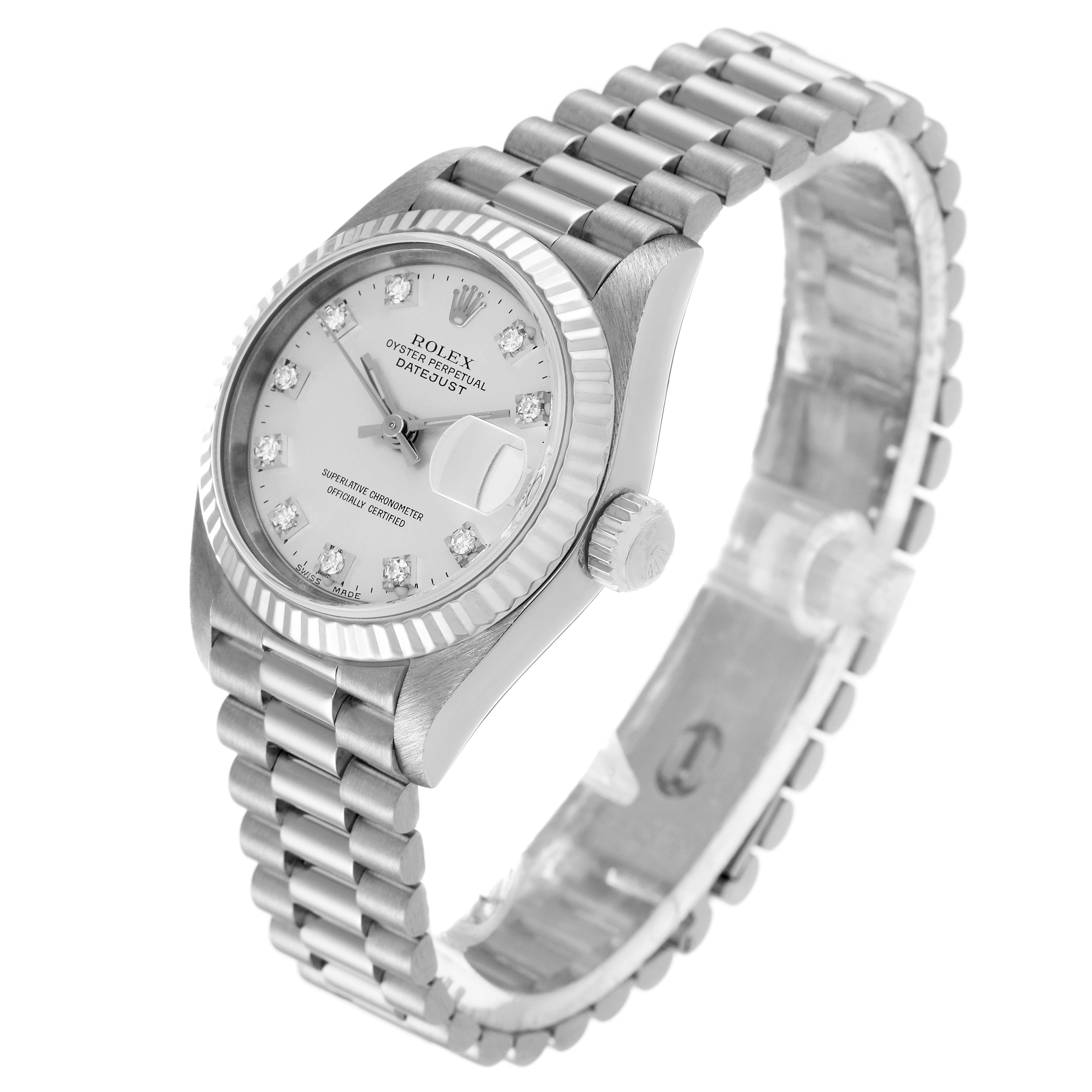 The image shows a Rolex President 69179 Women's White Gold Silver Dial 69179 Women's White Gold Silver Dial model watch at a side angle, highlighting its face, bezel, crown, and bracelet.
