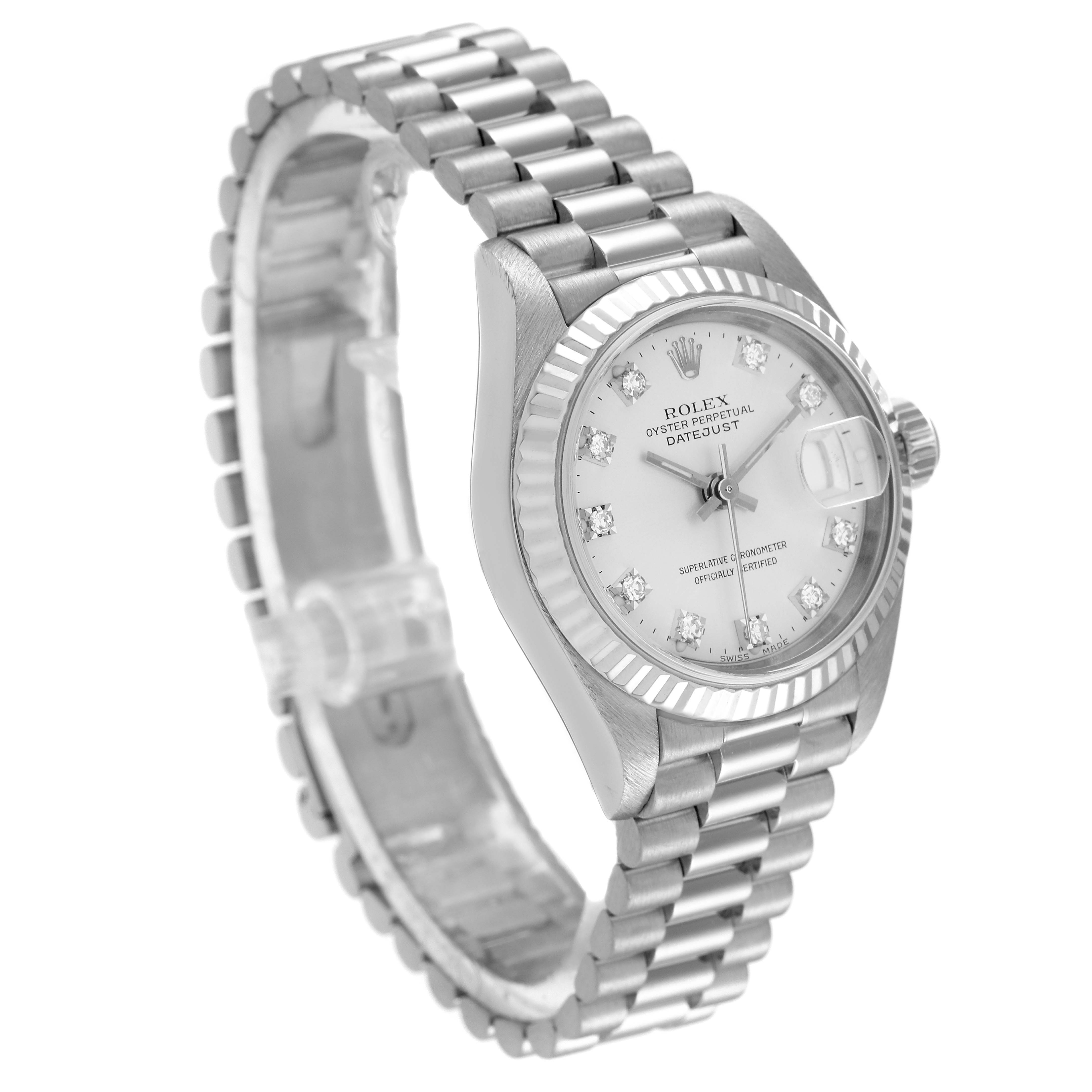 The Rolex President 69179 Women's White Gold Silver Dial 69179 Women's White Gold Silver Dial model watch is shown at a three-quarter angle, highlighting the dial, bezel, crown, and bracelet.