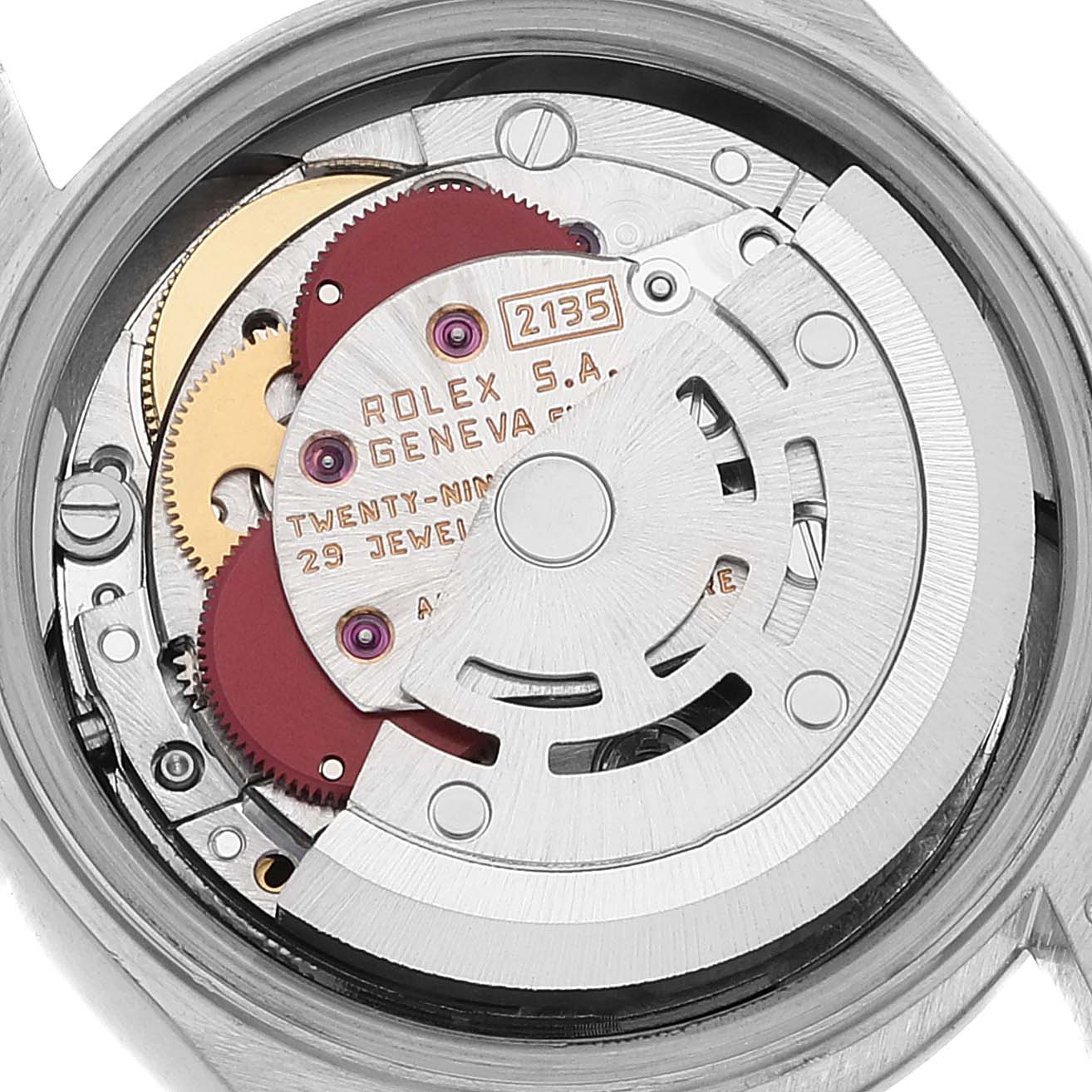 This image shows a close-up view of the movement and internal mechanisms of a Rolex President 69179 Women's White Gold Silver Dial 69179 Women's White Gold Silver Dial model watch.