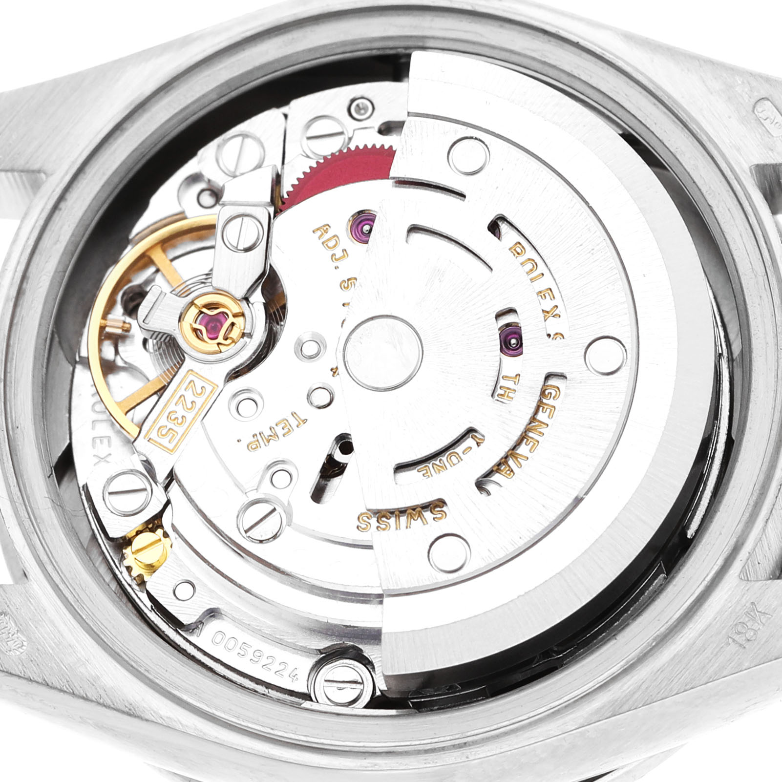 The image shows the internal movement mechanism of a Rolex President 79079 Women's White Gold Silver Dial watch from a top-down view.