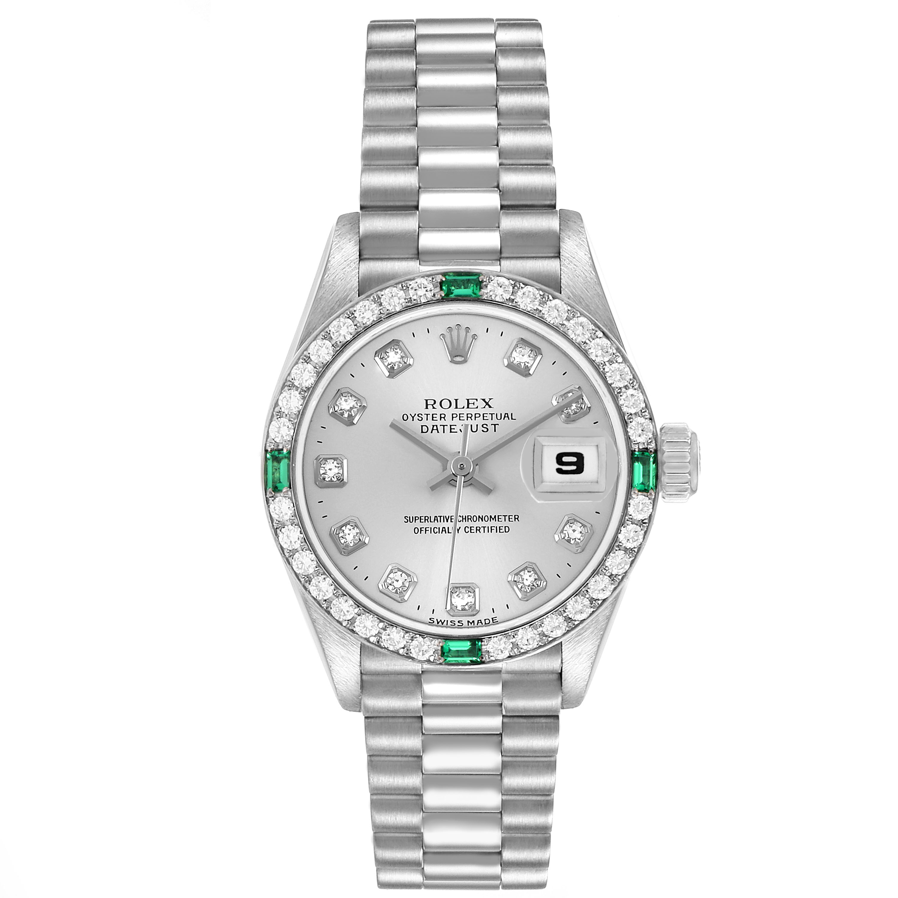 The Rolex President 79079 Women's White Gold Silver Dial model watch is shown from a front angle, highlighting the bezel, dial, bracelet, and crown.