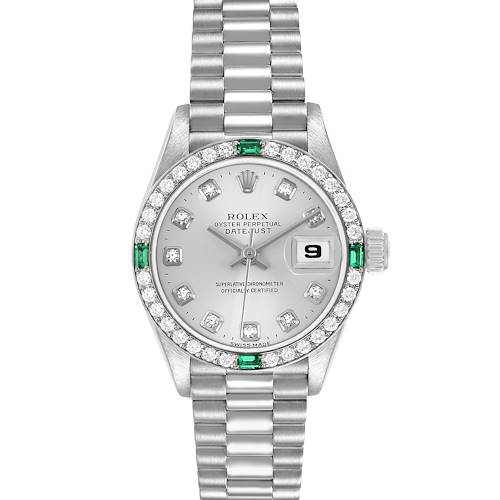 The Rolex President 79079 Women's White Gold Silver Dial model watch is shown from a front angle, displaying its dial, bezel, bracelet, and date window.