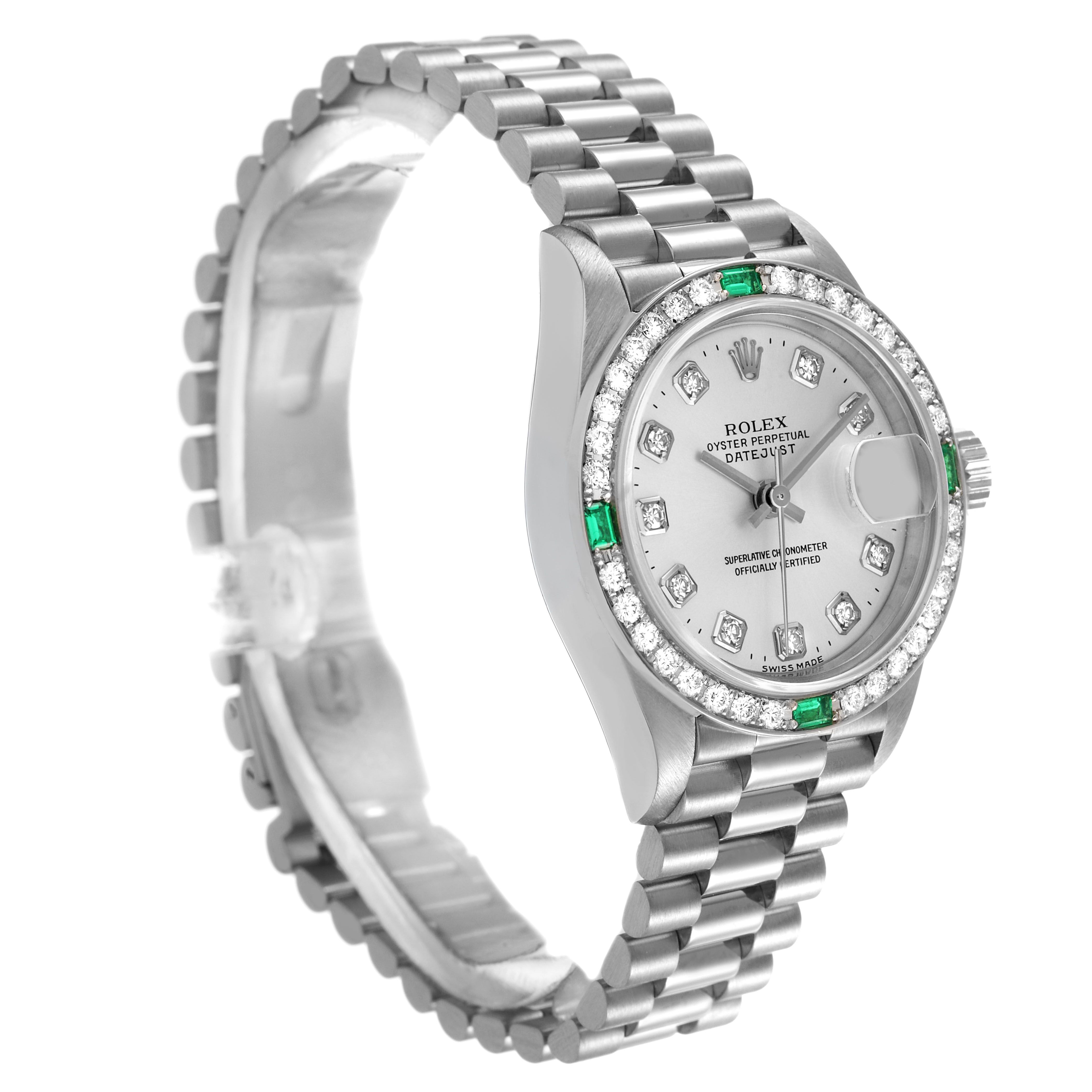 The Rolex President 79079 Women's White Gold Silver Dial model is shown at a three-quarter angle, displaying the bracelet, bezel, and dial with gemstone hour markers.