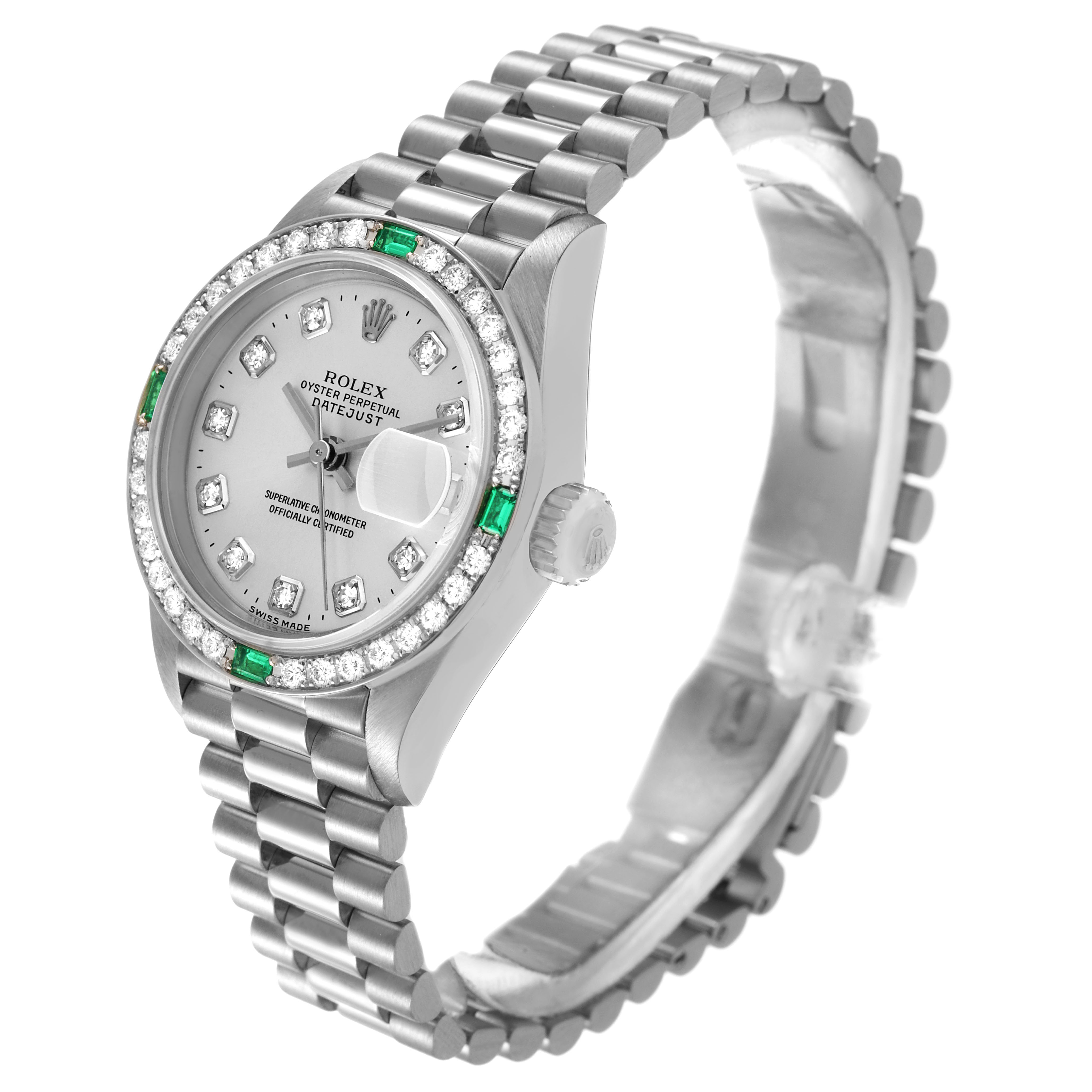 The Rolex President 79079 Women's White Gold Silver Dial watch is shown at a slight angle, highlighting the face, bracelet, and diamond bezel.