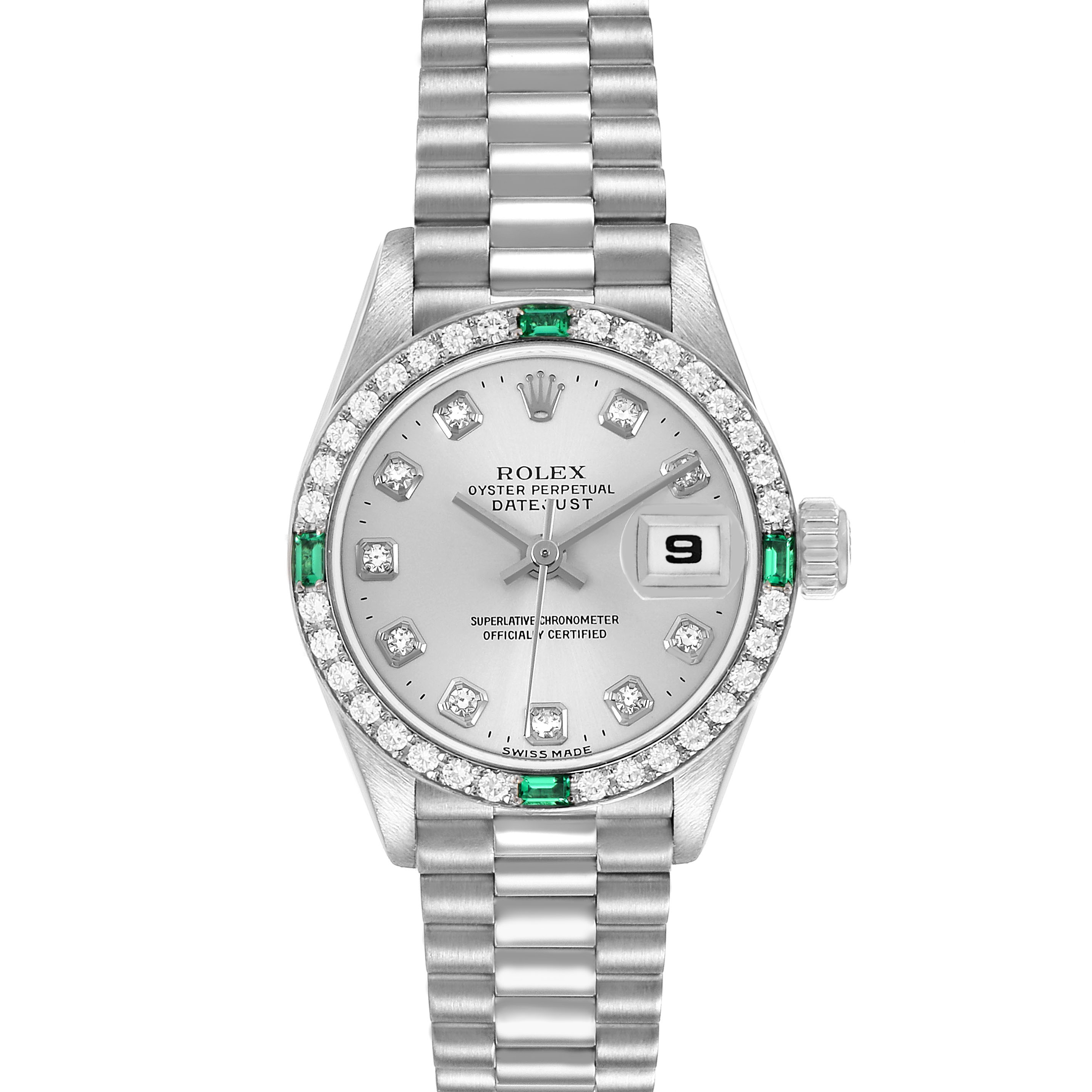 The Rolex President 79079 Women's White Gold Silver Dial watch is shown from a top-down angle, highlighting its bezel, dial, bracelet, and date window.