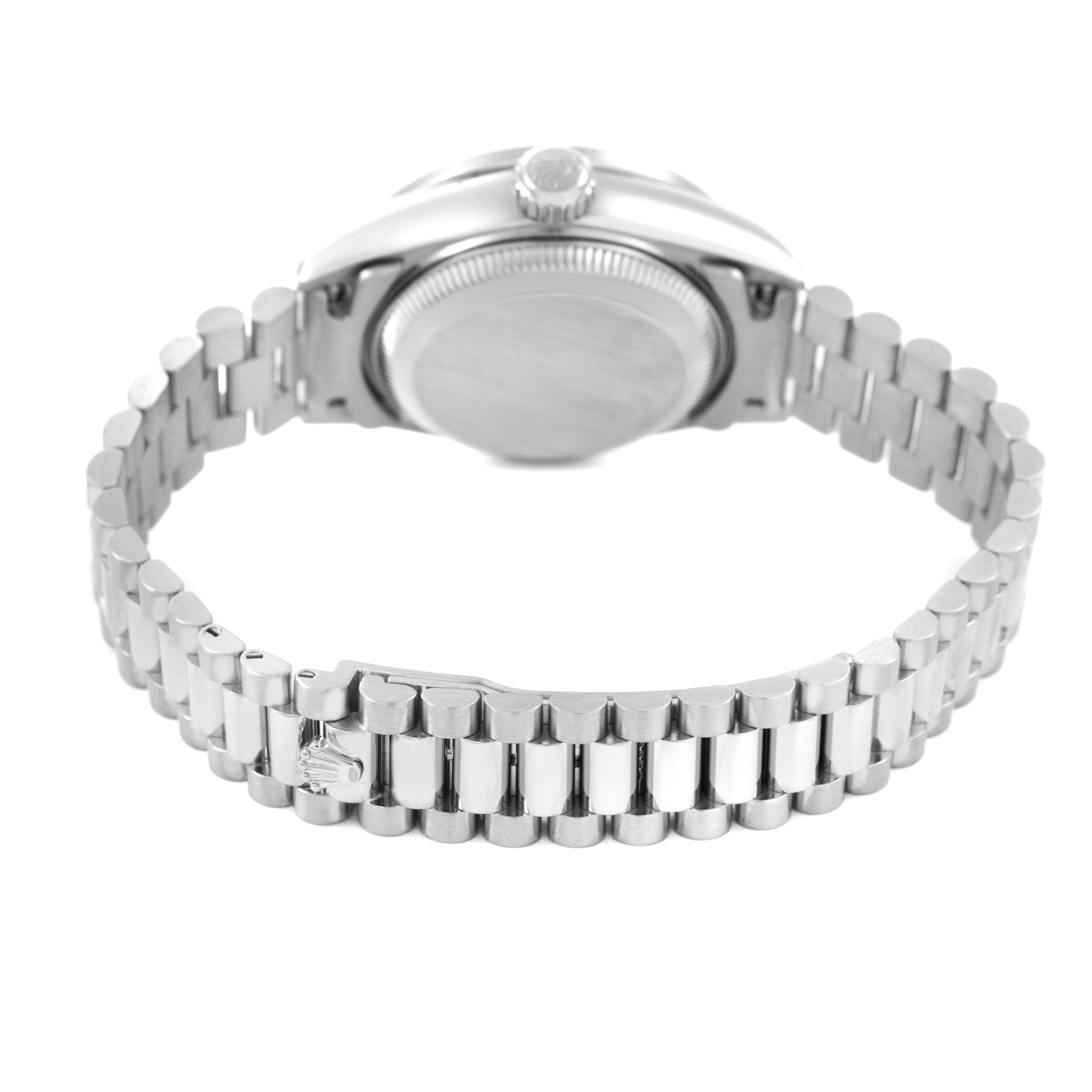 The image shows the back and band of the Rolex President 79079 Women's White Gold Silver Dial model, highlighting the bracelet and clasp.