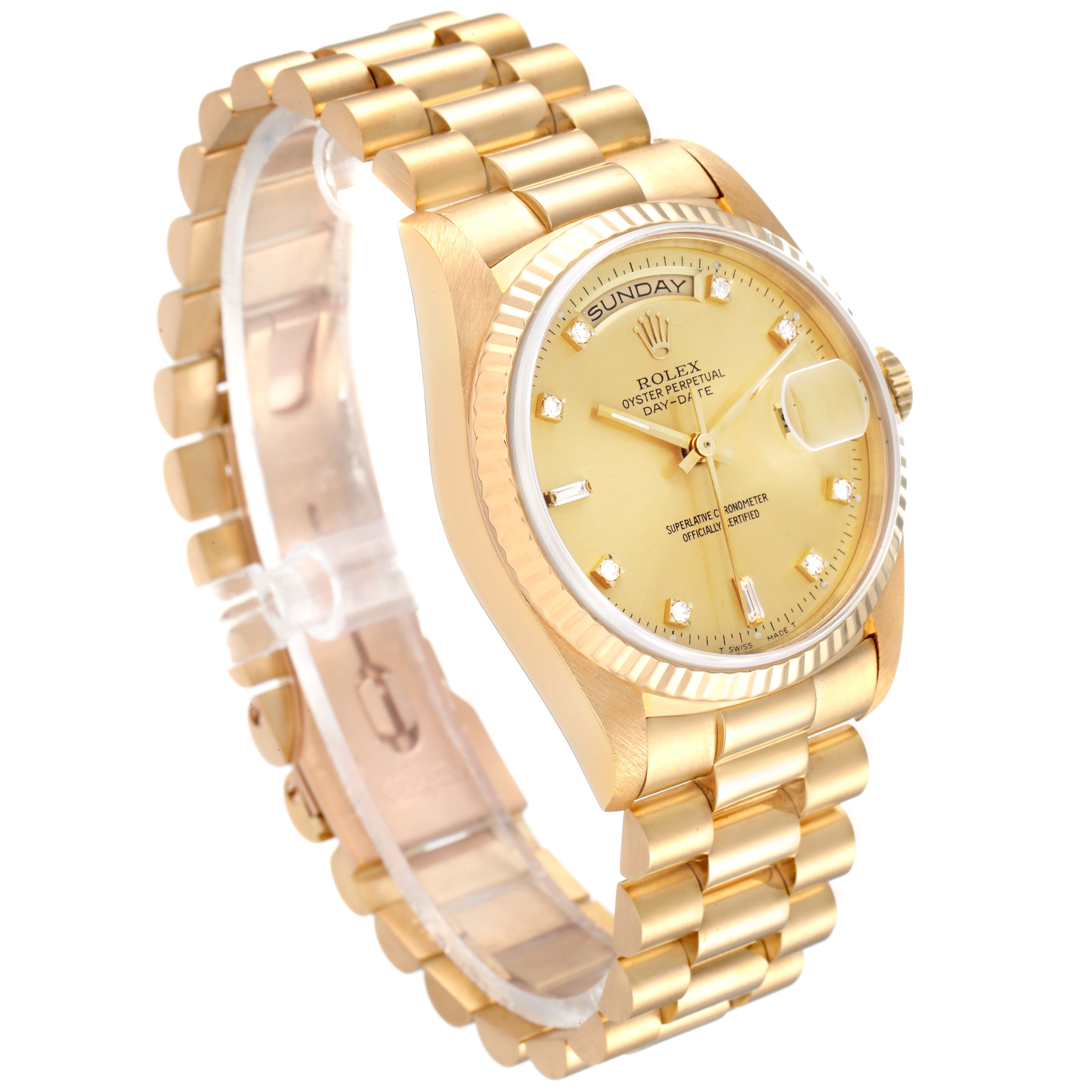 The image shows a side angle of a Rolex President 18238 Men's Yellow Gold Champagne Dial 18238 Men's Yellow Gold Champagne Dial model watch highlighting its gold case, bracelet, and dial with day display.
