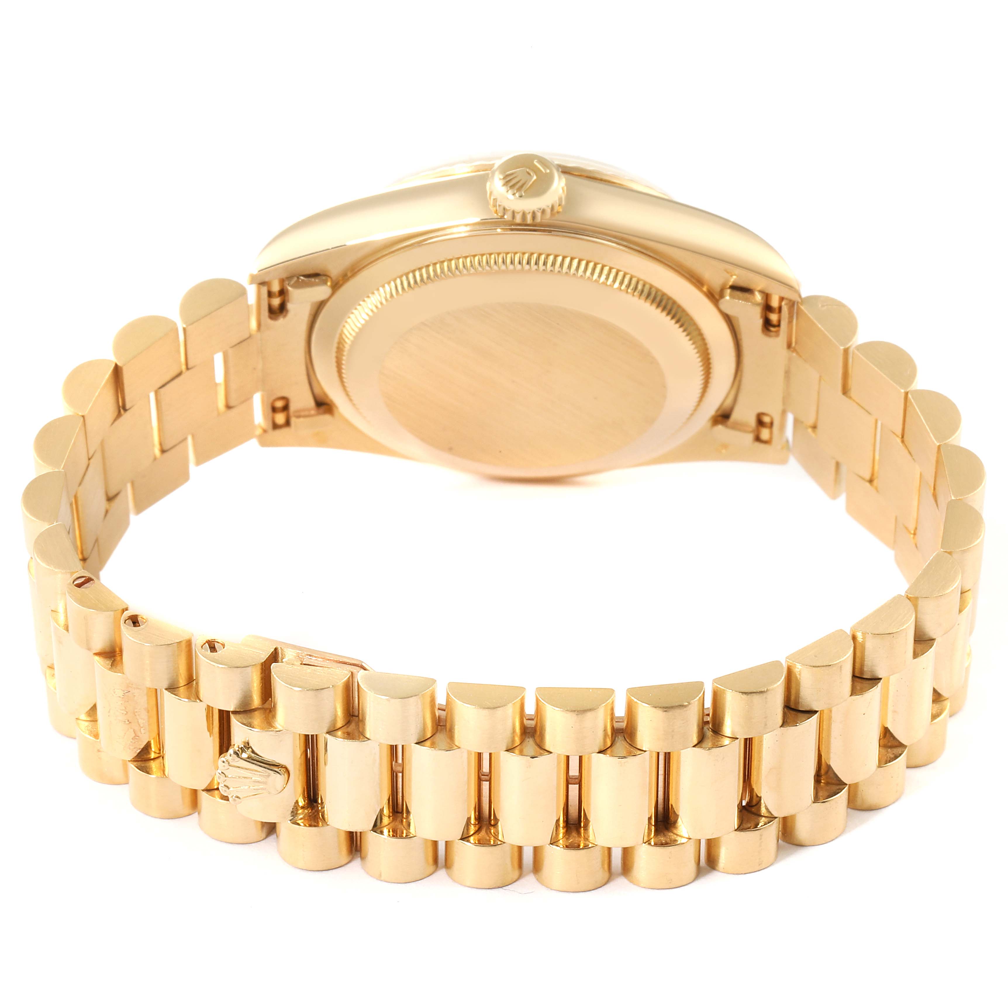 The image shows the back view and band of a Rolex President 18238 Men's Yellow Gold Champagne Dial 18238 Men's Yellow Gold Champagne Dial model watch, highlighting the case back and bracelet links.