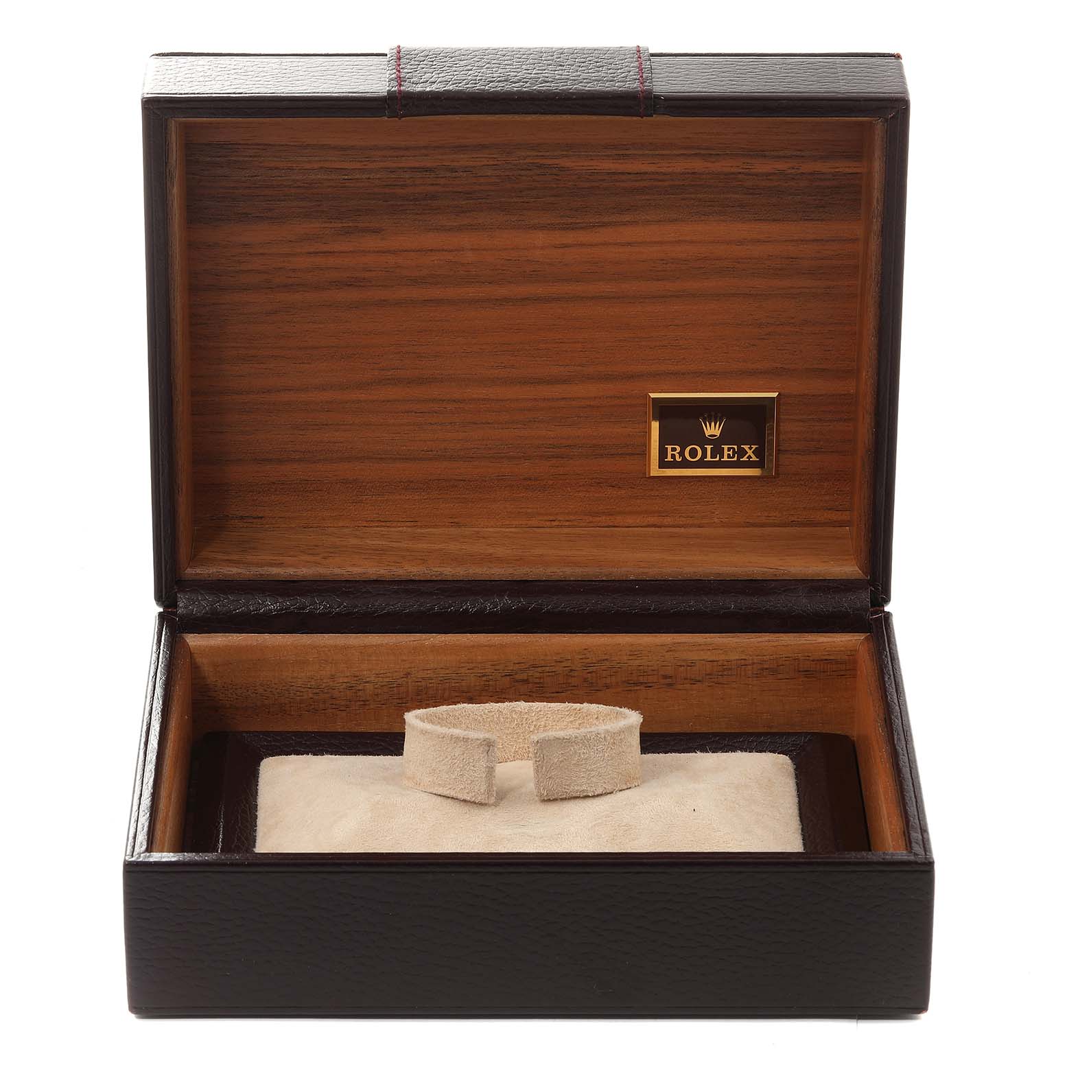 The image shows an open Rolex President 18238 Men's Yellow Gold Champagne Dial 18238 Men's Yellow Gold Champagne Dial model watch box with a visible cushion and the Rolex logo inside.