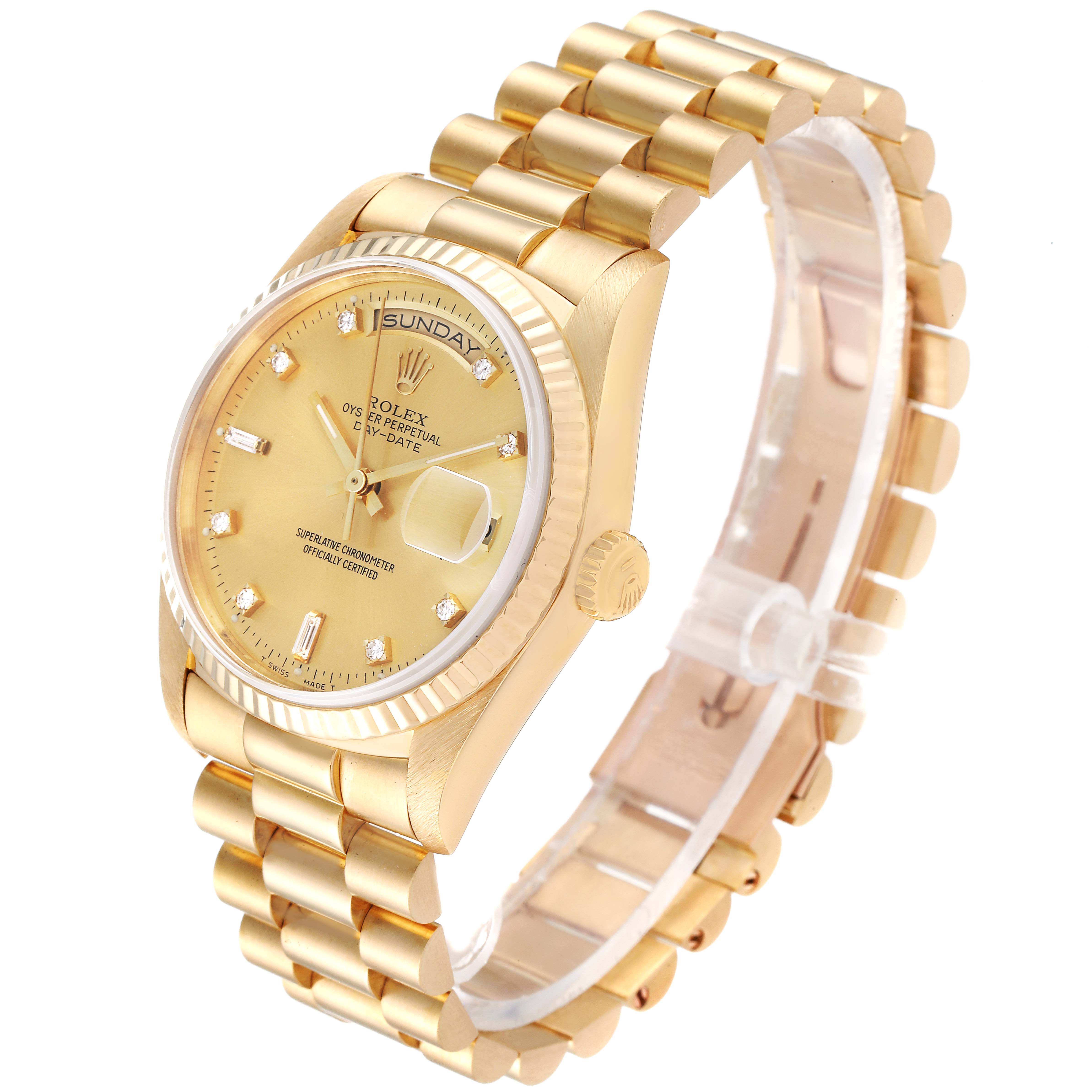 The Rolex President 18238 Men's Yellow Gold Champagne Dial 18238 Men's Yellow Gold Champagne Dial model watch is shown at a three-quarter angle, displaying the gold bracelet, dial, crown, and day-date functions.