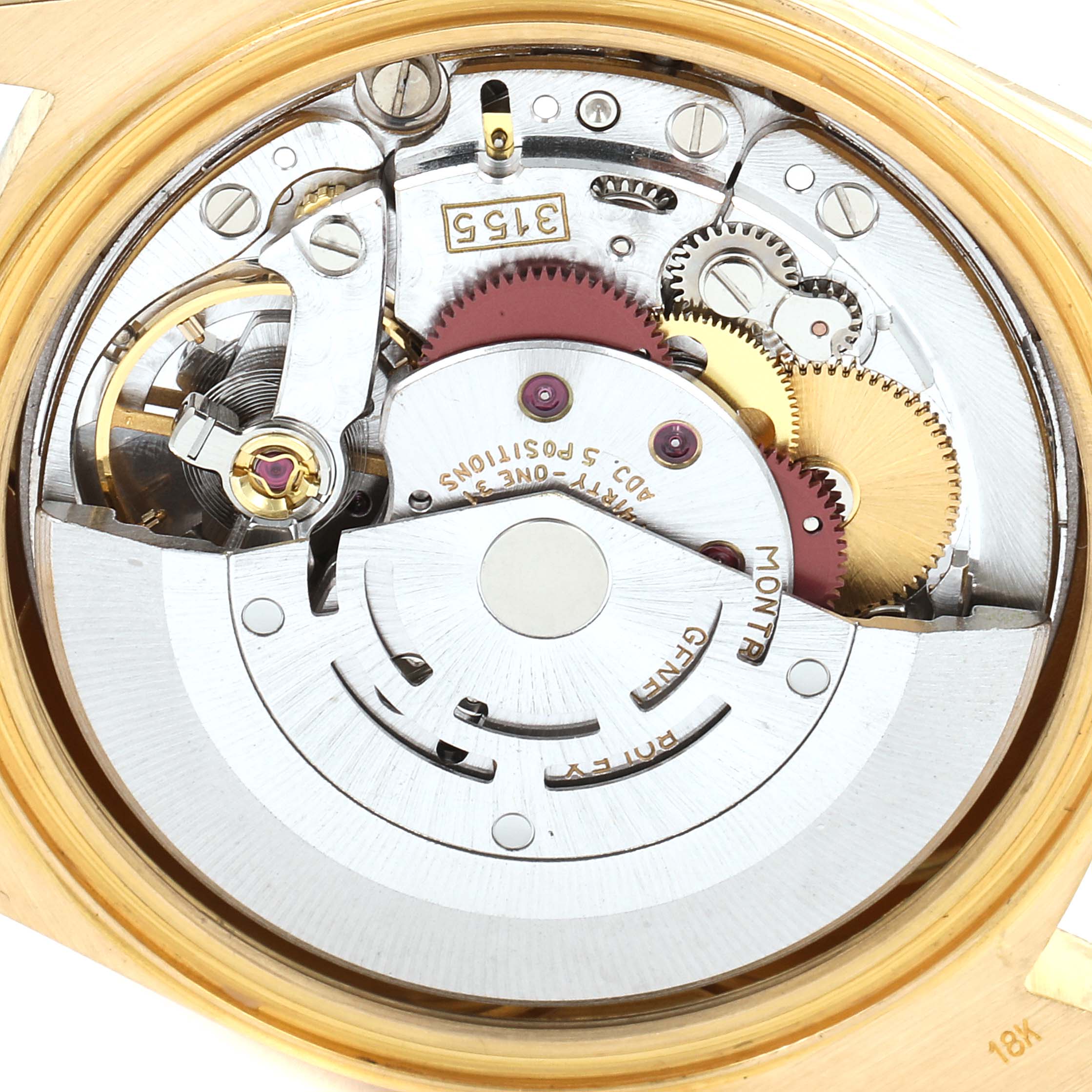 The image shows the intricate internal mechanism and movement of a Rolex President 18238 Men's Yellow Gold Champagne Dial 18238 Men's Yellow Gold Champagne Dial model watch from a top-down angle.