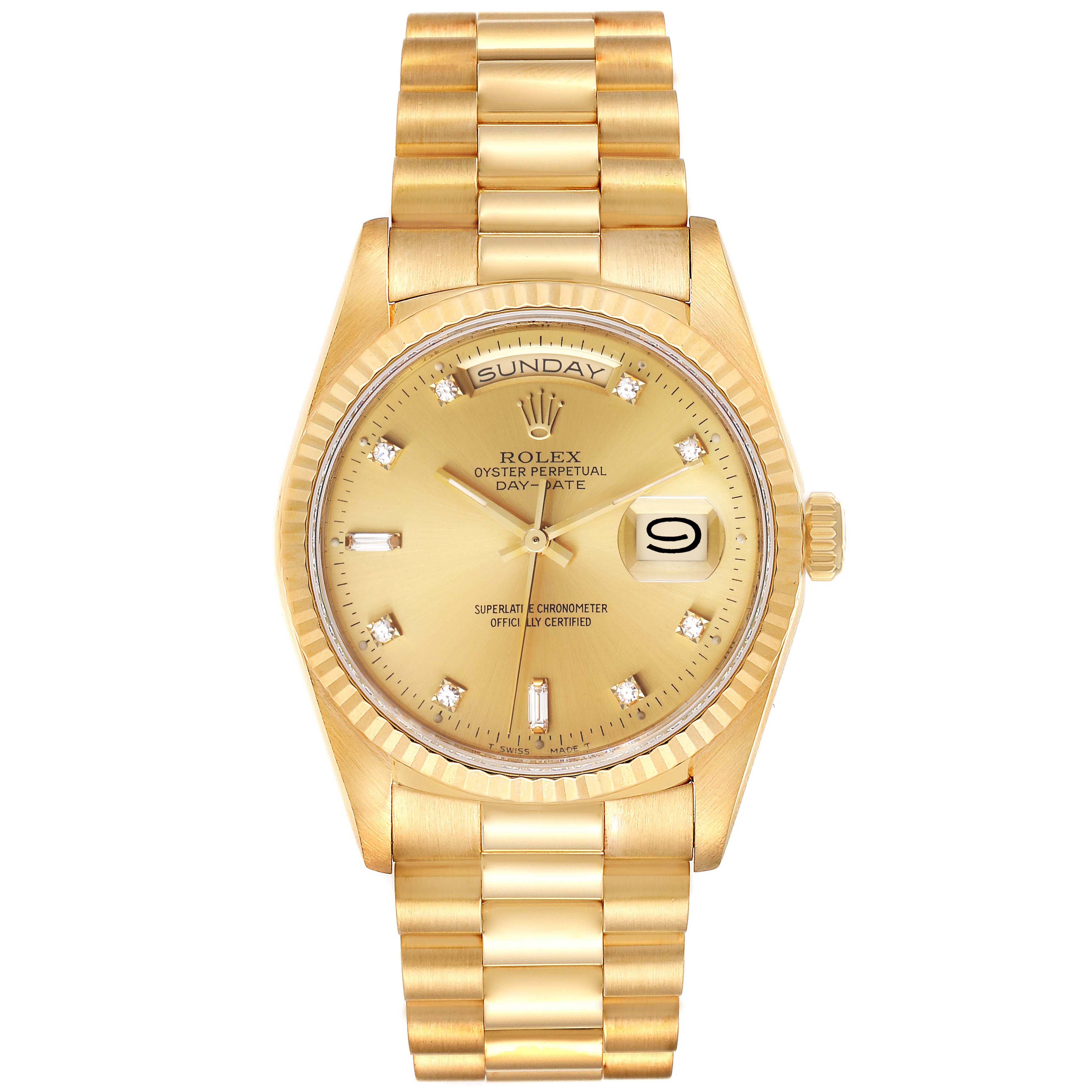 The image shows a front view of a Rolex President 18238 Men's Yellow Gold Champagne Dial 18238 Men's Yellow Gold Champagne Dial model watch, displaying its gold bracelet, dial, day, and date features.