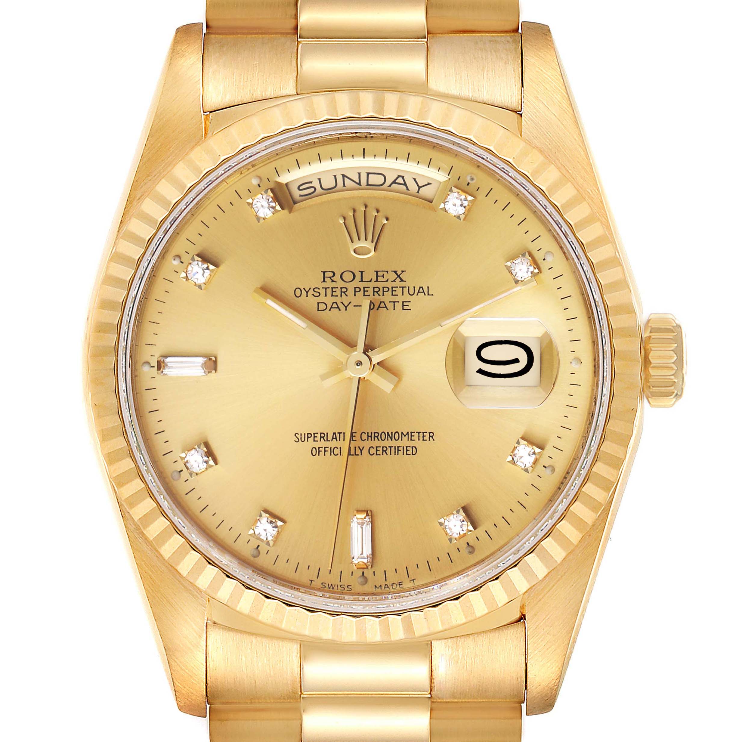 This image shows a frontal view of a gold Rolex President 18238 Men's Yellow Gold Champagne Dial 18238 Men's Yellow Gold Champagne Dial model watch, displaying the face, crown, and part of the bracelet.