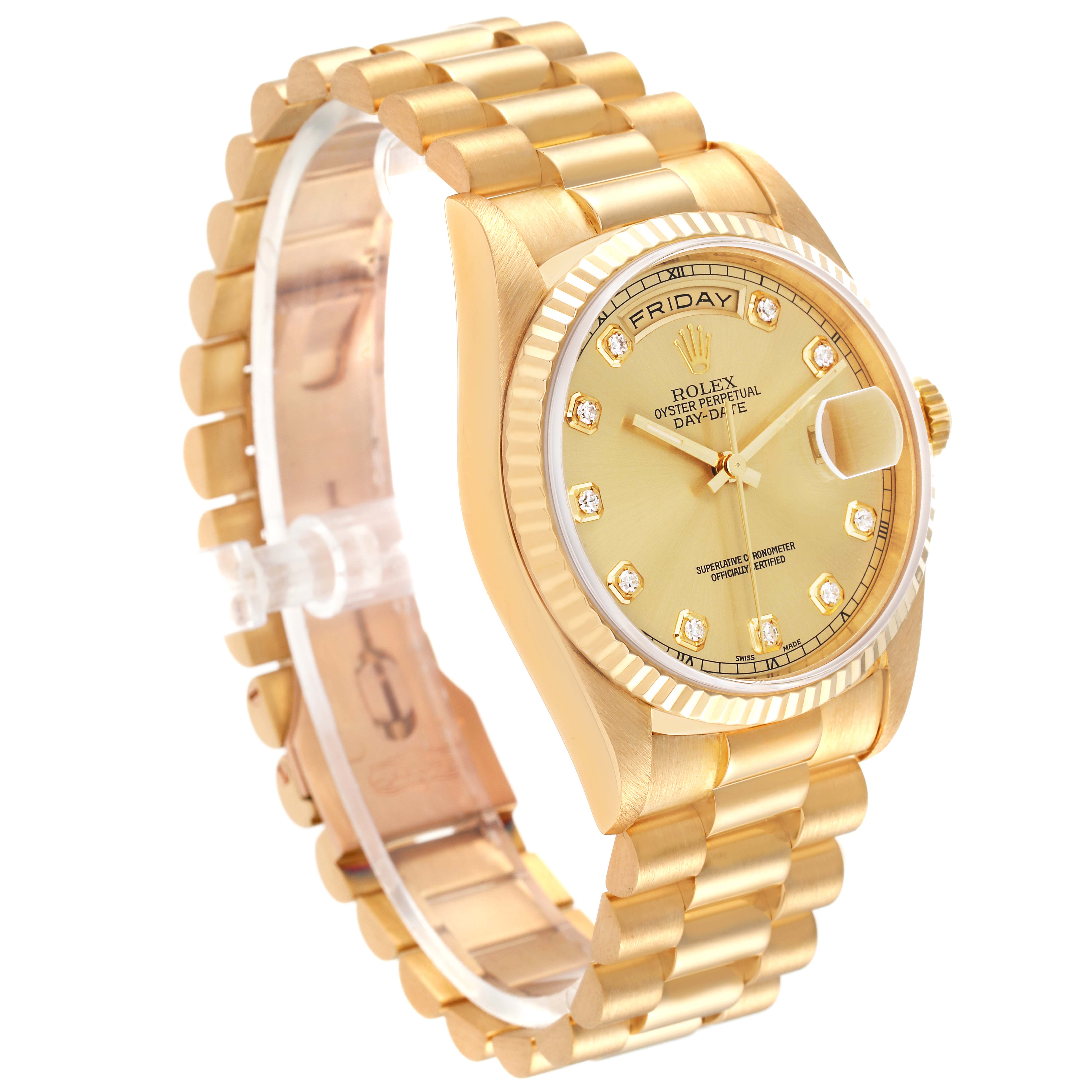 This image shows a Rolex President 18238 Men
s Yellow Gold Champagne Dial 18238 Men
s Yellow Gold Champagne Dial model watch at a slight angle, highlighting its bracelet, dial, and fluted bezel.