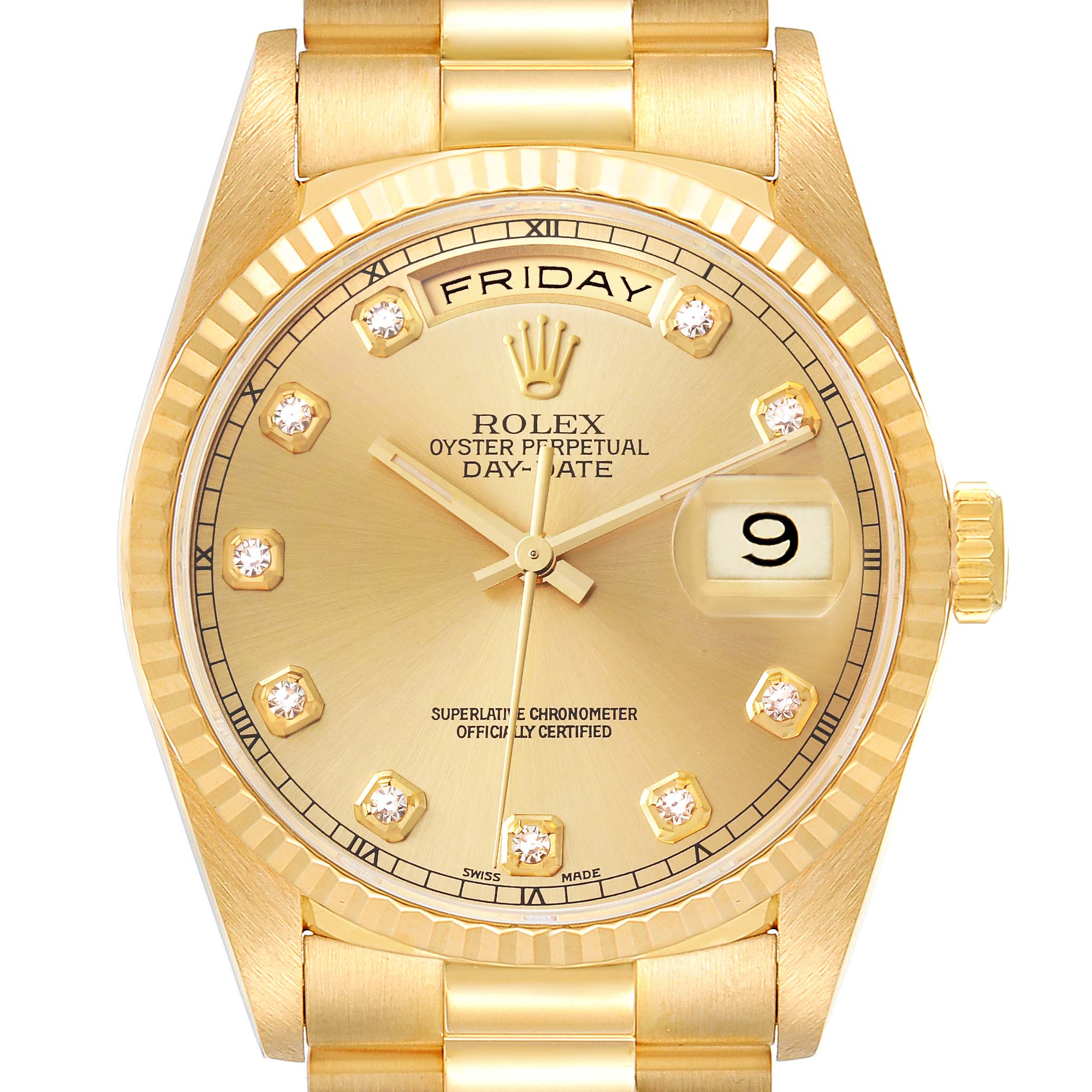 The image shows a front view of the Rolex President 18238 Men
s Yellow Gold Champagne Dial 18238 Men
s Yellow Gold Champagne Dial model watch, displaying the dial, date, weekday, and part of the bracelet.