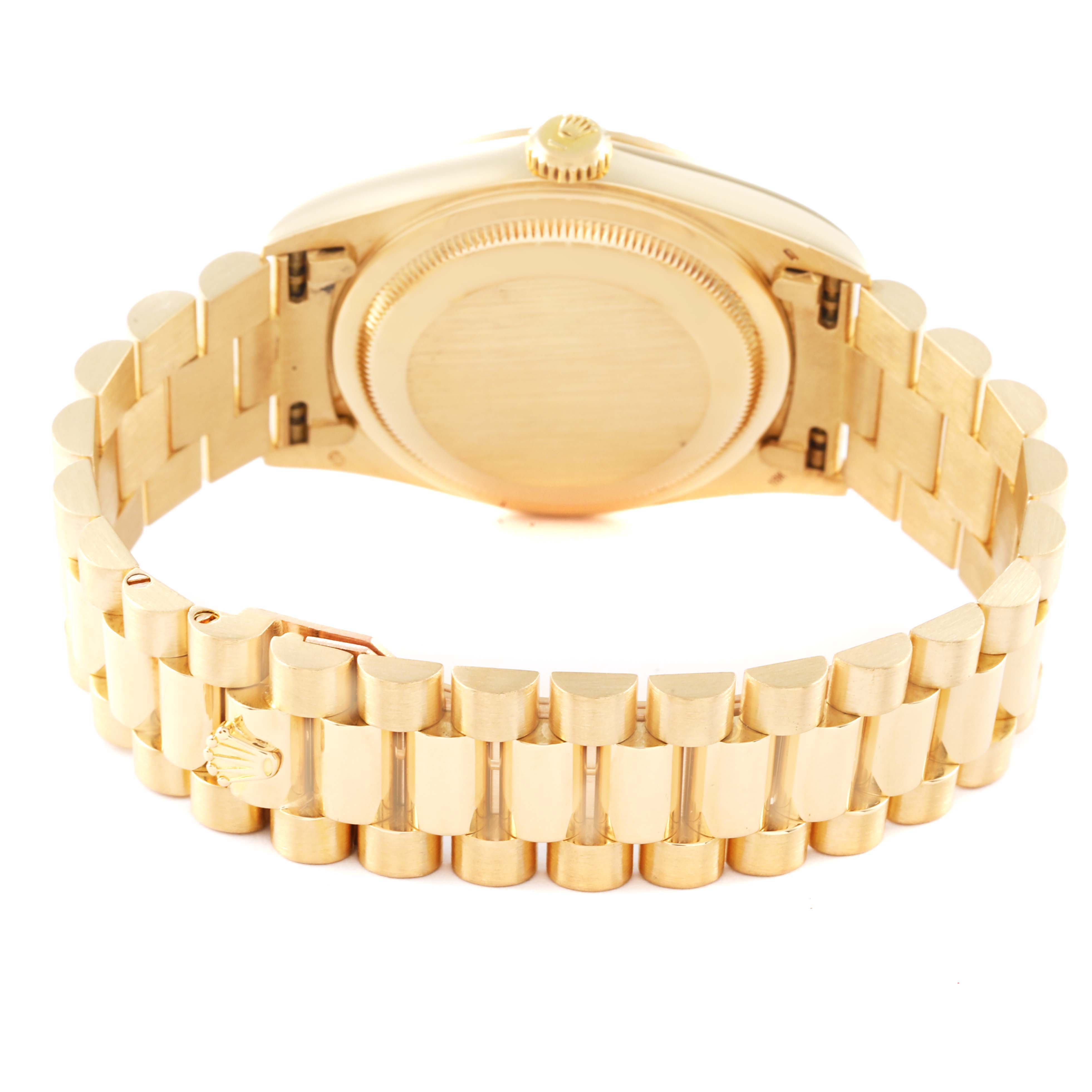 The image shows the back angle of the Rolex President 18238 Men's Yellow Gold Champagne Dial 18238 Men's Yellow Gold Champagne Dial model watch, highlighting the bracelet and case back.