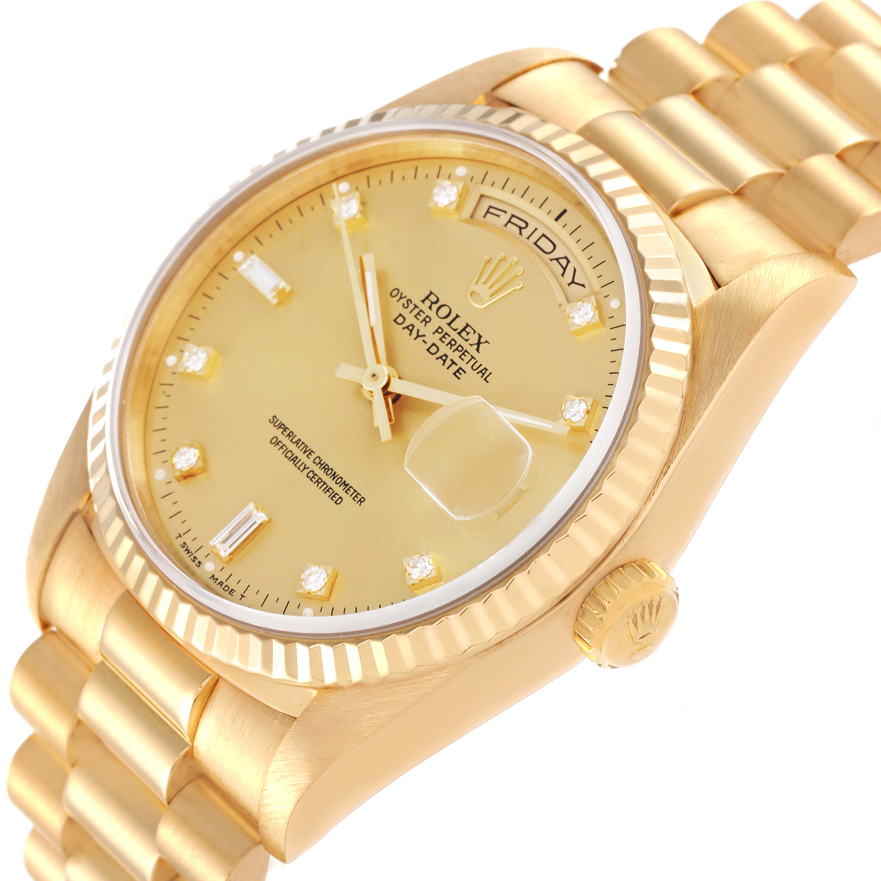 The Rolex President 18238 Men's Yellow Gold Champagne Dial 18238 Men's Yellow Gold Champagne Dial model is shown at an angle highlighting the dial, crown, bracelet, and day-date window.