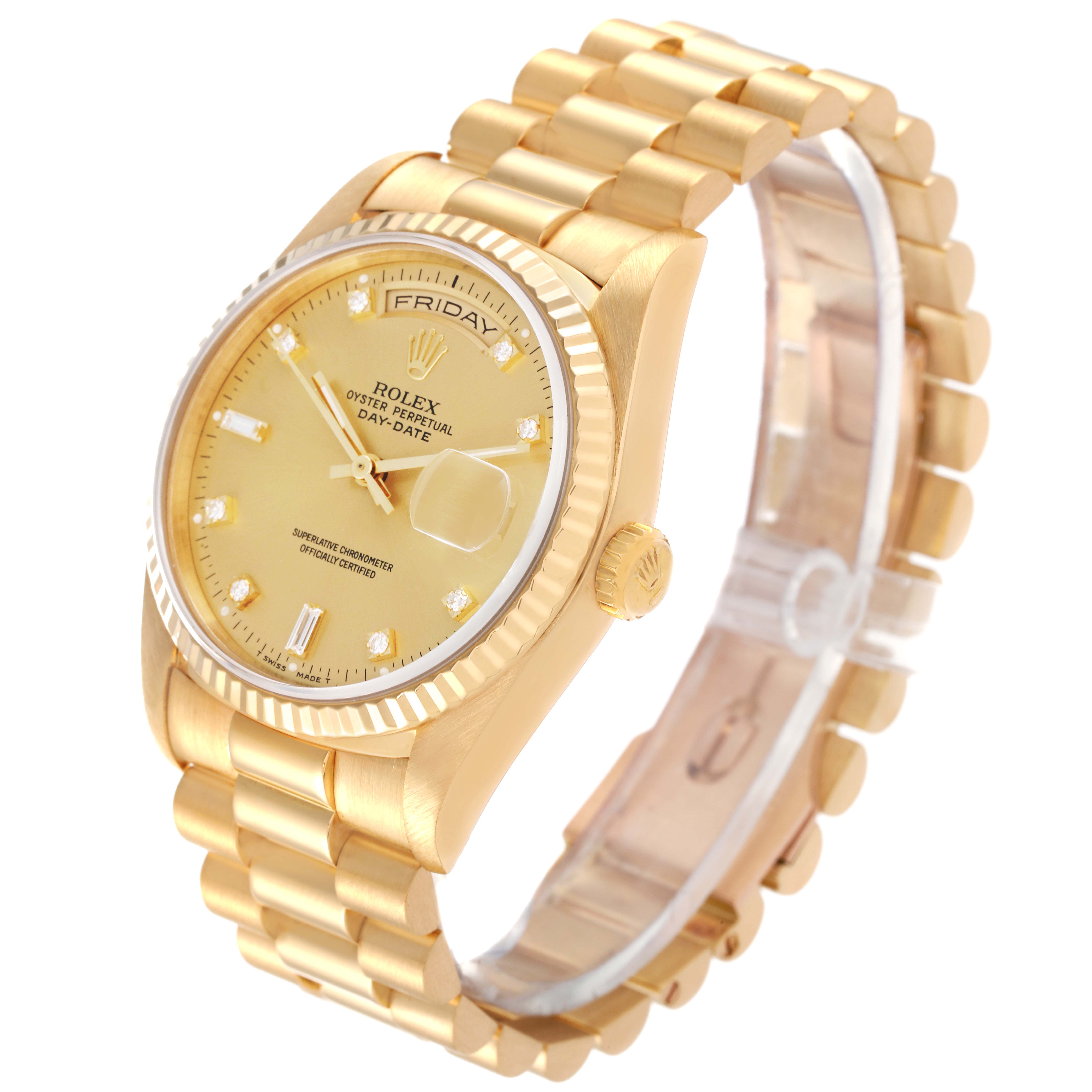 The image shows a side-angle view of the Rolex President 18238 Men's Yellow Gold Champagne Dial 18238 Men's Yellow Gold Champagne Dial model watch, highlighting the dial, bracelet, and crown.