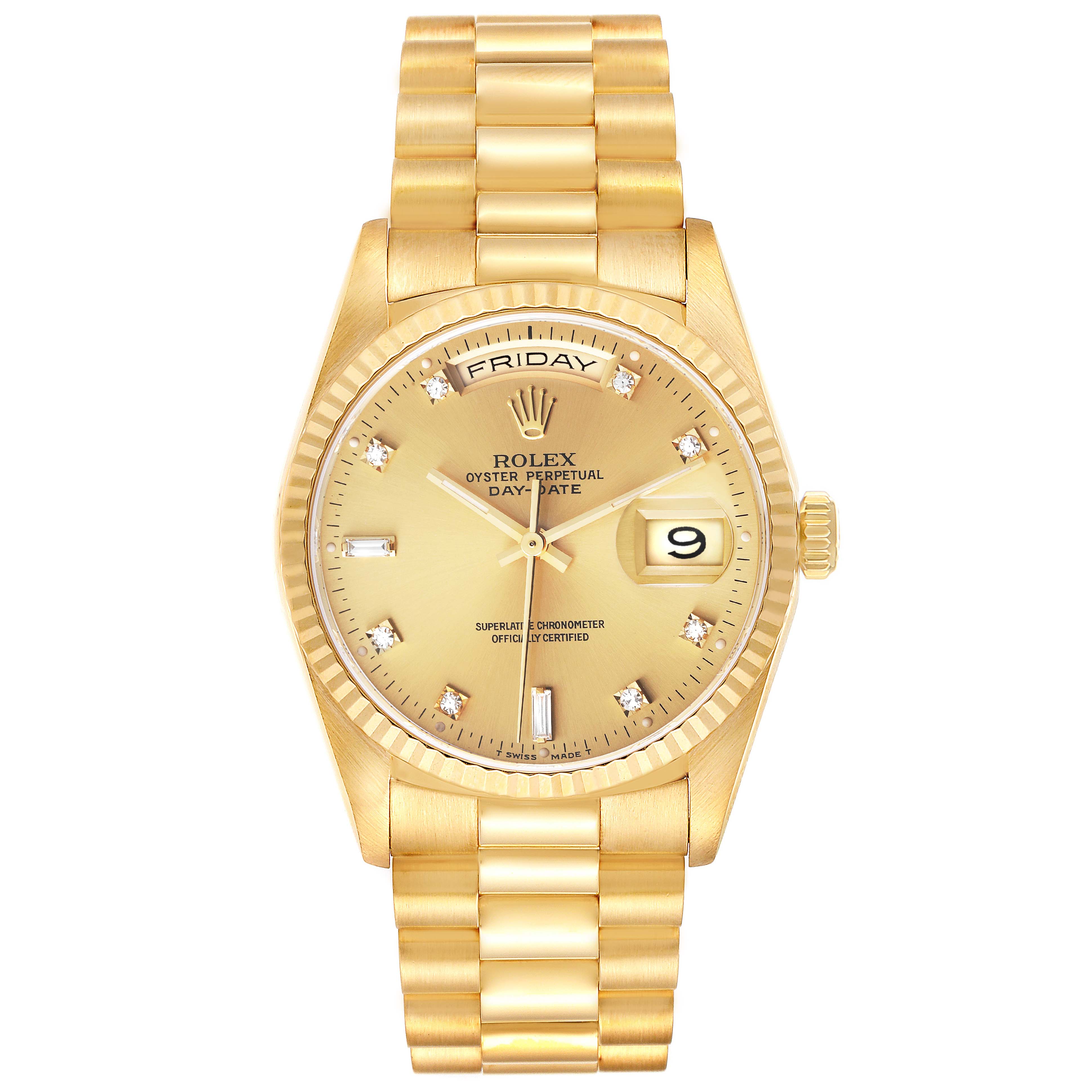 The image shows a frontal view of the Rolex President 18238 Men's Yellow Gold Champagne Dial 18238 Men's Yellow Gold Champagne Dial model watch, displaying the dial, bezel, and bracelet.
