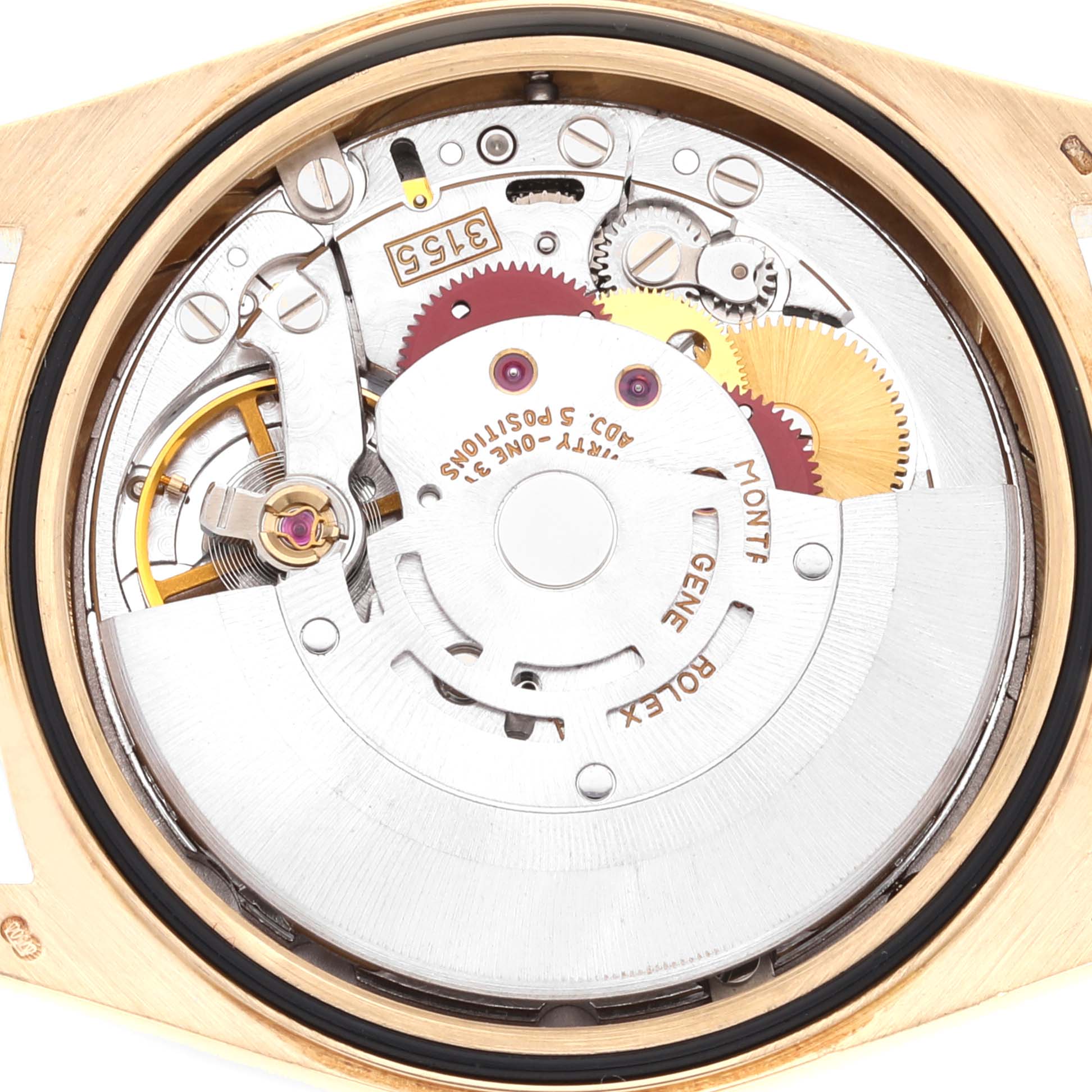 The image shows the inner mechanism of the Rolex President 18238 Men's Yellow Gold Champagne Dial 18238 Men's Yellow Gold Champagne Dial model watch from a close-up, top-down angle.