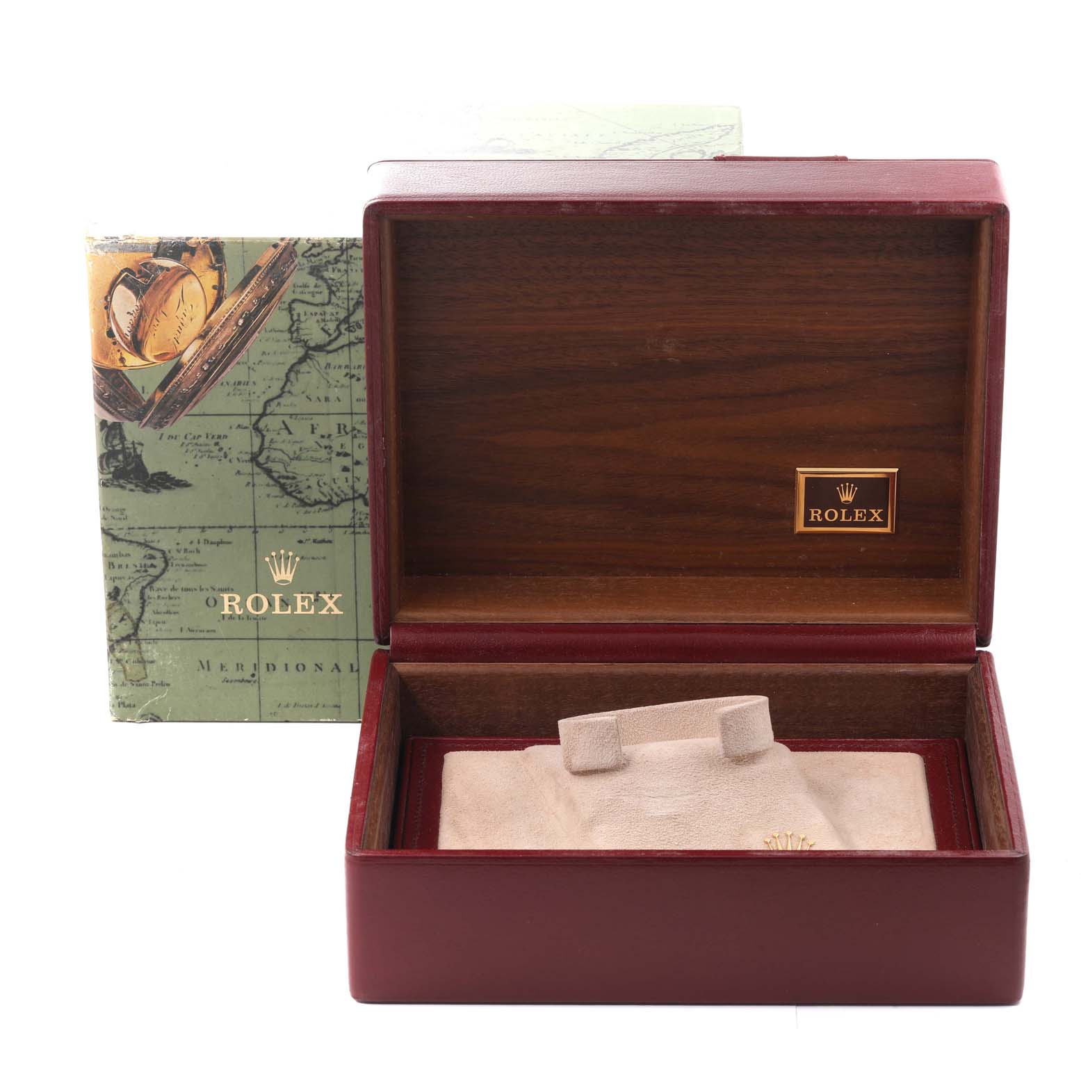 The image shows an open Rolex watch box with the Rolex President 18238 Men's Yellow Gold Champagne Dial 18238 Men's Yellow Gold Champagne Dial model packaging, displaying an empty interior and a cushion.