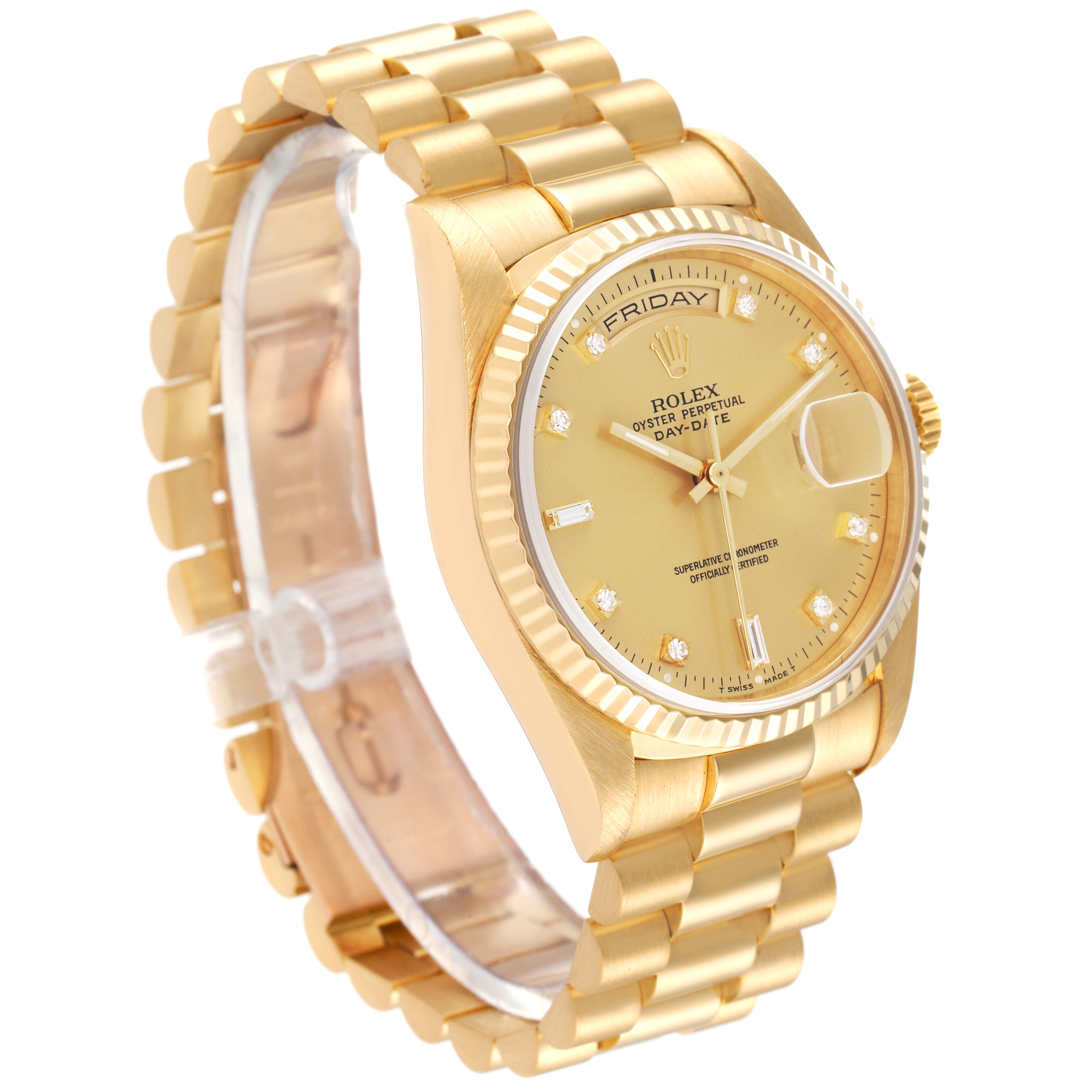 The image shows a Rolex President 18238 Men's Yellow Gold Champagne Dial 18238 Men's Yellow Gold Champagne Dial model watch angled to display its gold bracelet, diamond hour markers, and date window.