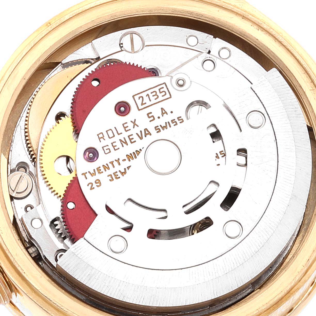 The image shows the movement mechanism of a Rolex President 69198 Women
s Yellow Gold Champagne Dial 69198 Women
s Yellow Gold Champagne Dial model watch viewed from the back.