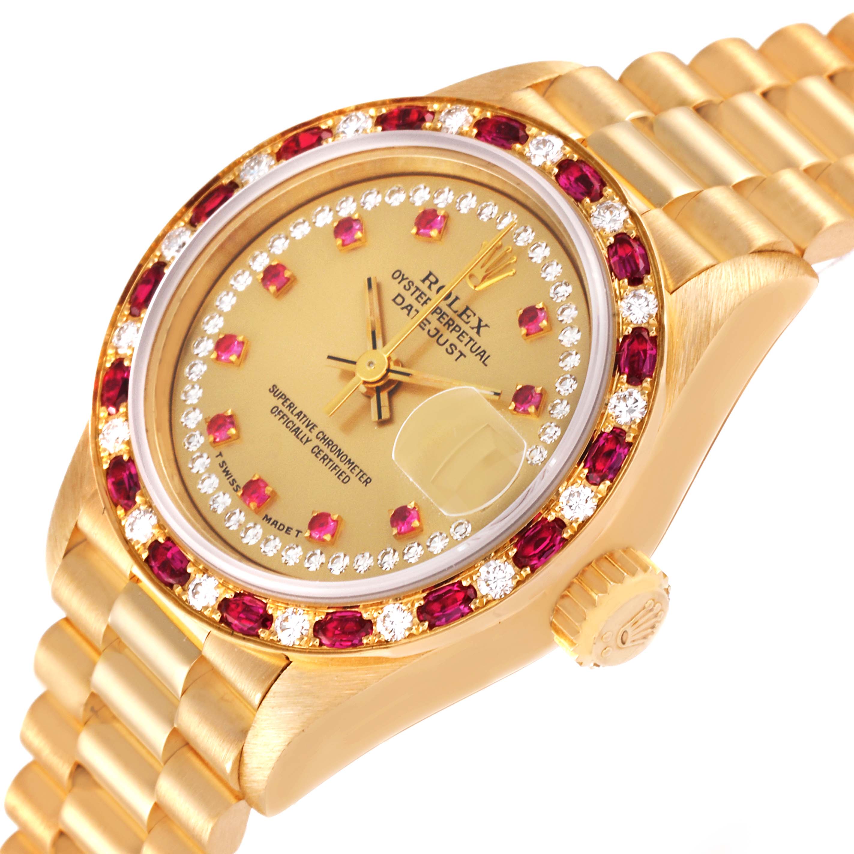 The image shows the dial, bezel, and part of the bracelet of a Rolex President 69198 Women
s Yellow Gold Champagne Dial 69198 Women
s Yellow Gold Champagne Dial model watch from an angled view.