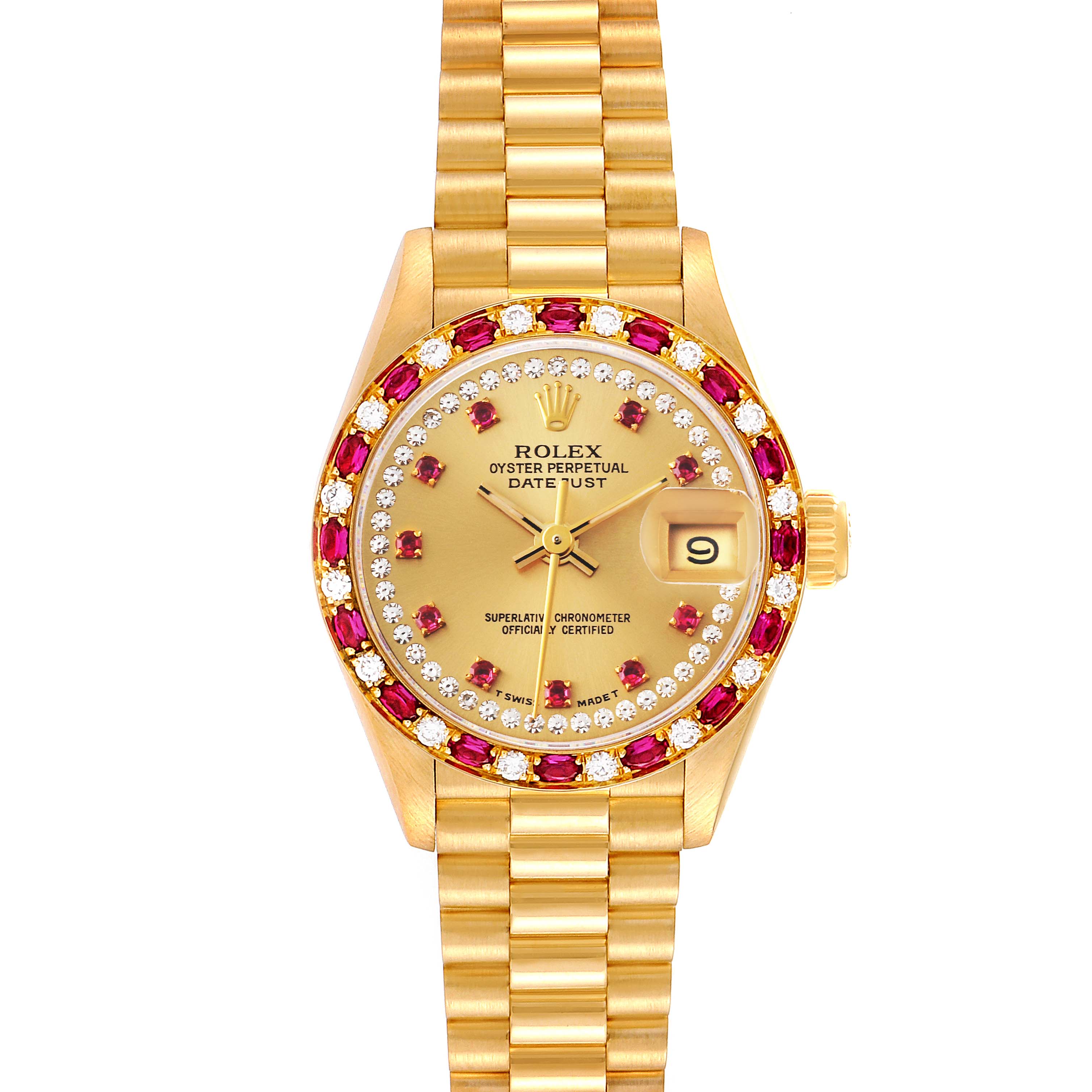 The Rolex President 69198 Women
s Yellow Gold Champagne Dial 69198 Women
s Yellow Gold Champagne Dial model watch is shown from a top-down angle, highlighting its gold dial, ruby and diamond bezel, and bracelet.
