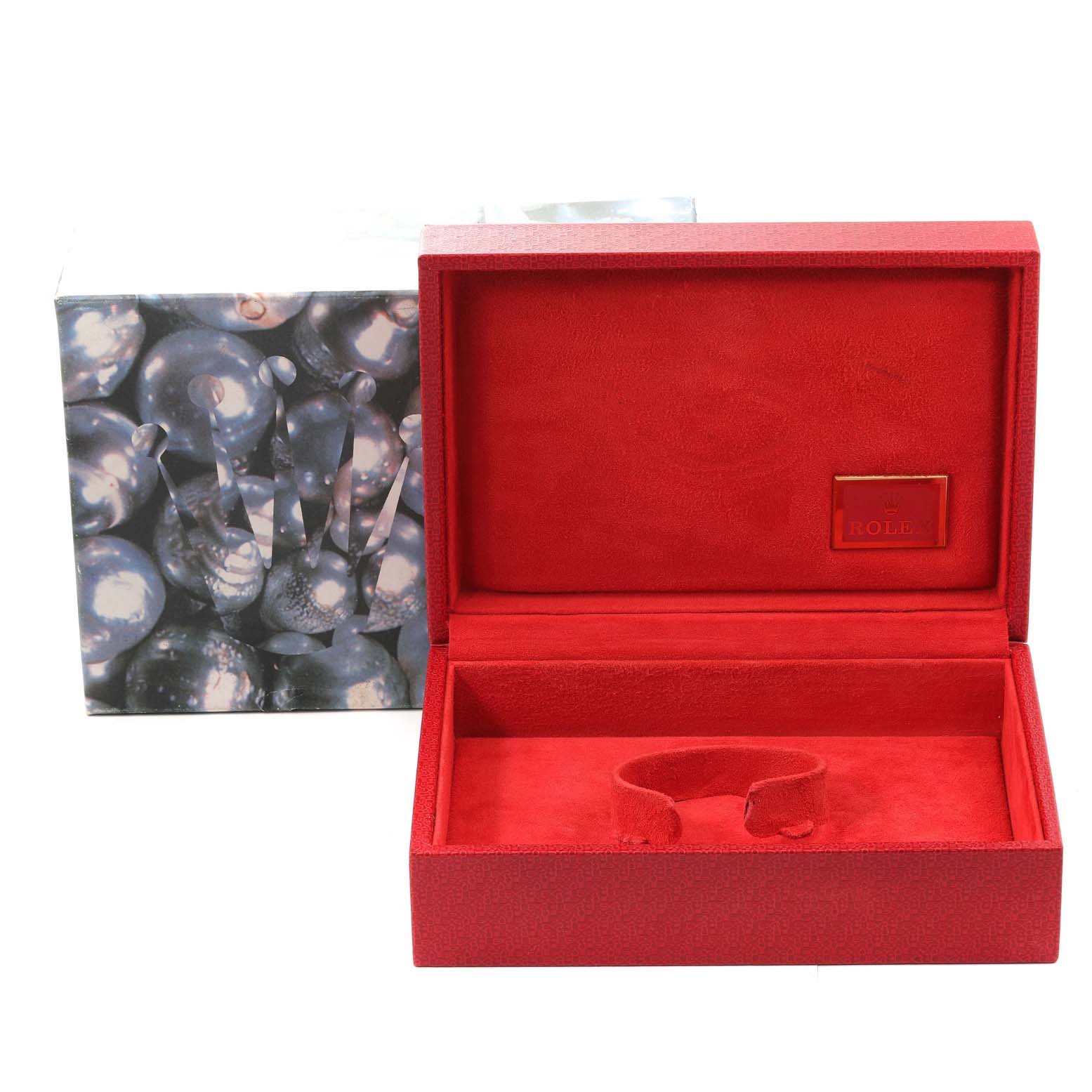 The image shows the opened red Rolex President 69198 Women
s Yellow Gold Champagne Dial 69198 Women
s Yellow Gold Champagne Dial watch box with a decorative outer box in the background.