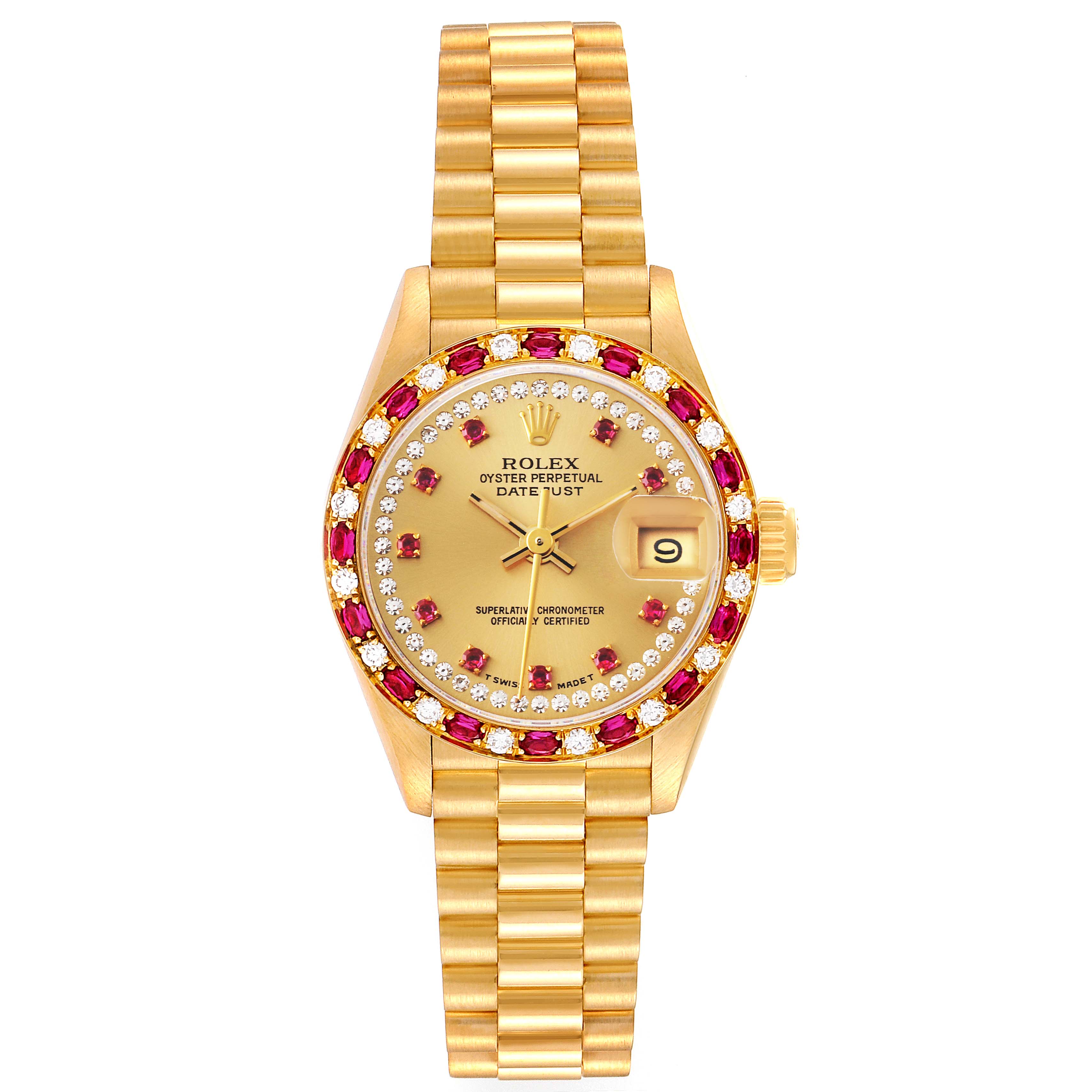 The image shows a frontal view of a Rolex President 69198 Women
s Yellow Gold Champagne Dial 69198 Women
s Yellow Gold Champagne Dial model watch, featuring a gold bracelet, jeweled bezel, and date display.