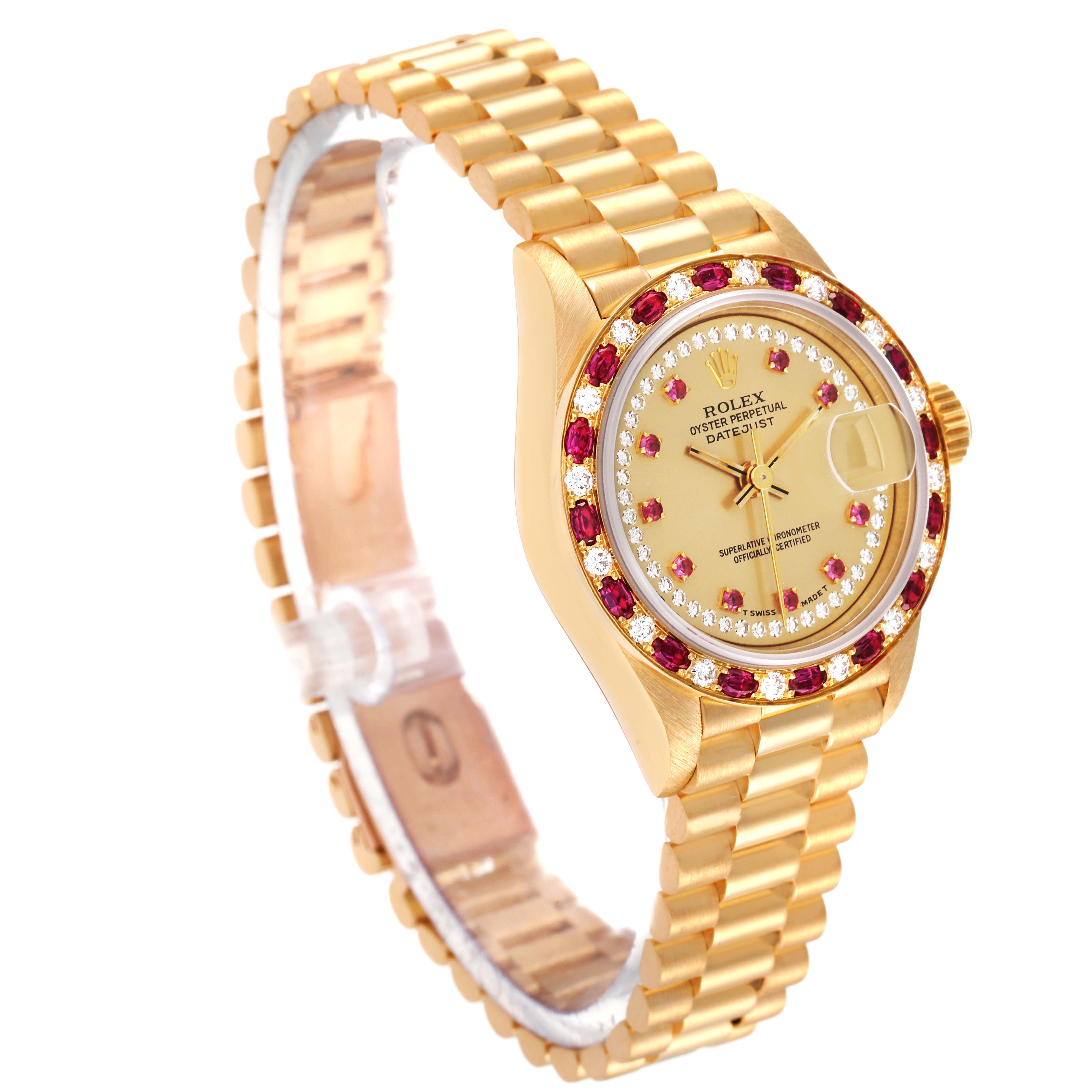 The Rolex President 69198 Women
s Yellow Gold Champagne Dial 69198 Women
s Yellow Gold Champagne Dial model watch is shown at a three-quarter angle, highlighting its gold band, jeweled bezel, and champagne dial.
