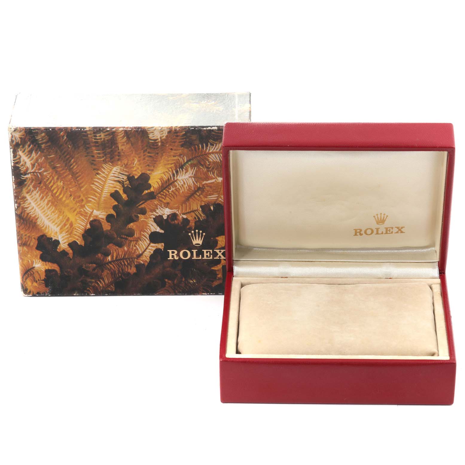 This image shows the packaging and an open box for a Rolex President 69288 Women's Yellow Gold Brown Dial 69288 Women's Yellow Gold Brown Dial model watch.