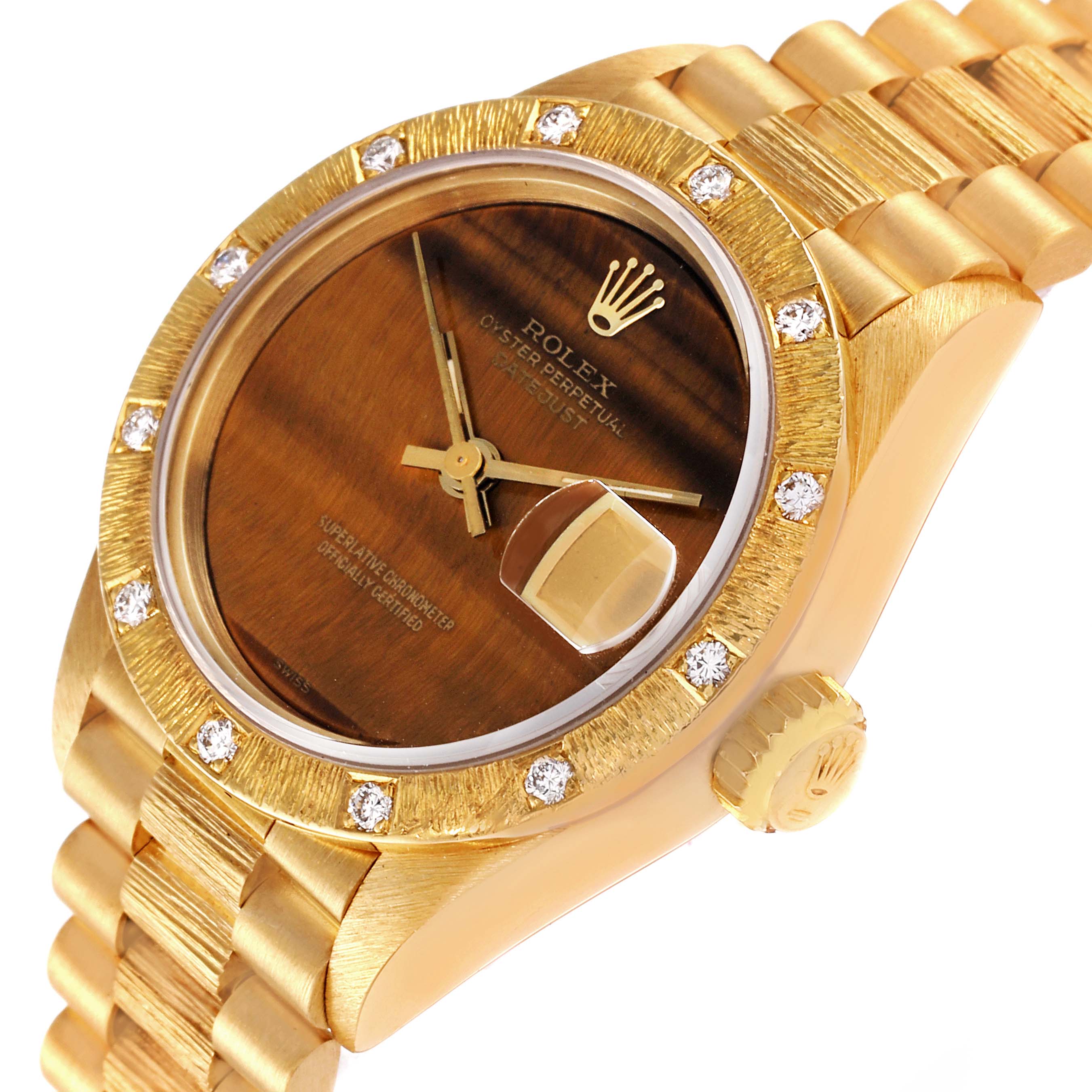 The image shows a Rolex President 69288 Women's Yellow Gold Brown Dial 69288 Women's Yellow Gold Brown Dial model watch from a slightly angled top-right view, highlighting the dial, bezel, and part of the bracelet.
