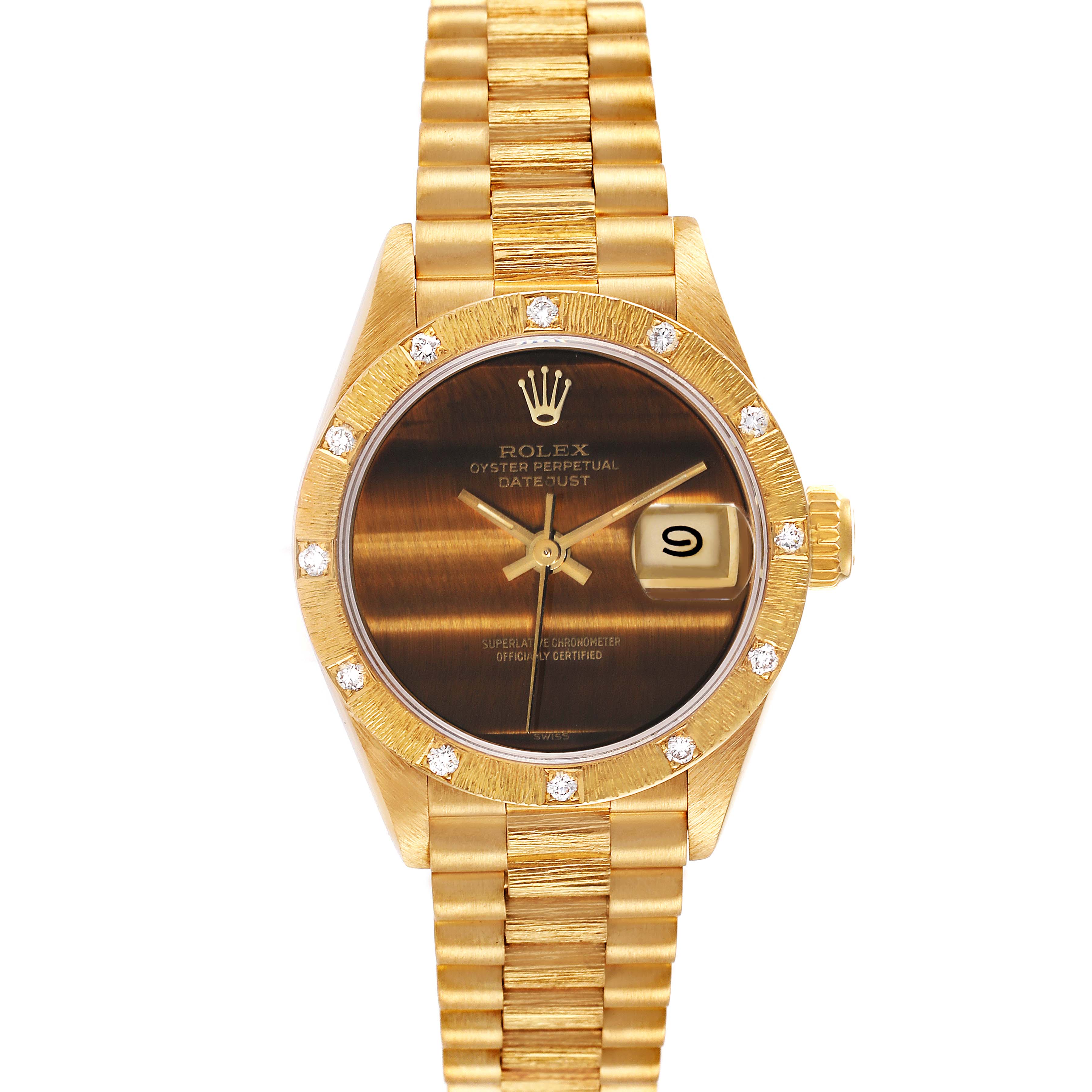The image shows a Rolex President 69288 Women's Yellow Gold Brown Dial 69288 Women's Yellow Gold Brown Dial model watch from a front angle, displaying the dial, bezel, and bracelet.