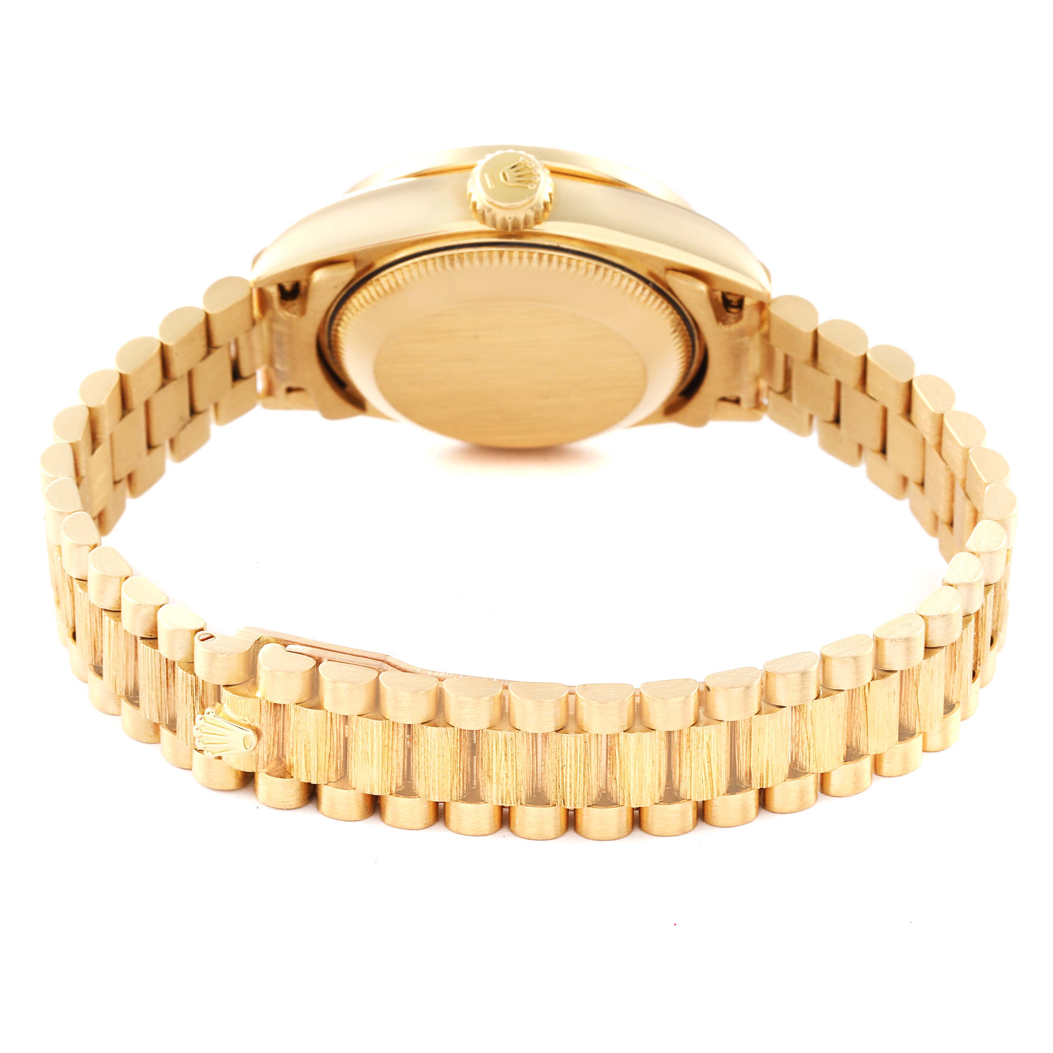 The image shows the back of a Rolex President 69288 Women's Yellow Gold Brown Dial 69288 Women's Yellow Gold Brown Dial model watch, highlighting the bracelet, clasp, and caseback.