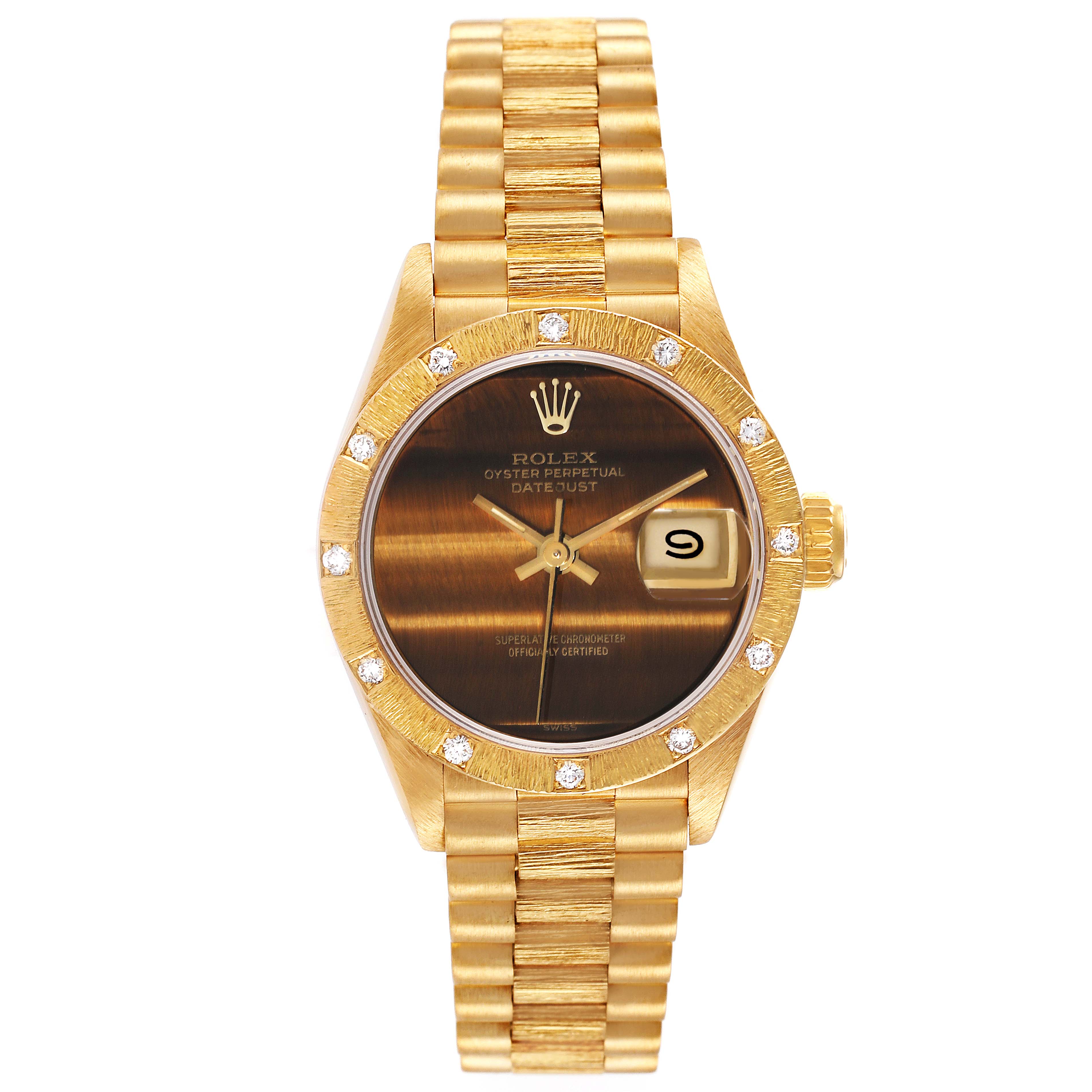 The image shows a frontal view of a Rolex President 69288 Women's Yellow Gold Brown Dial 69288 Women's Yellow Gold Brown Dial model watch, displaying its dial, bezel, and bracelet.
