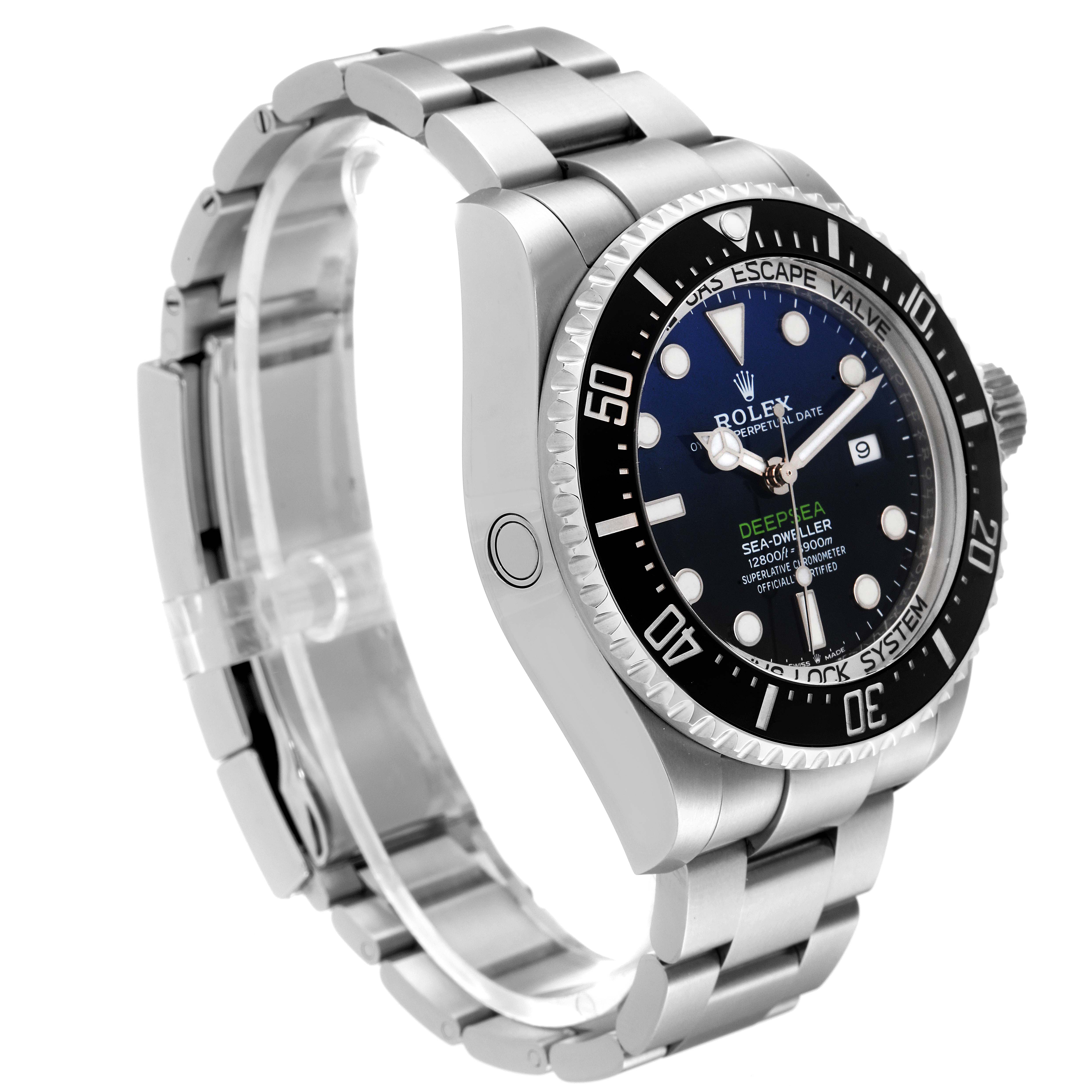 This Rolex Sea-Dweller 126660 Men
s Stainless Steel Blue Dial 126660 Men
s Stainless Steel Blue Dial watch is shown at a three-quarters angle, displaying the face, bezel, and bracelet.