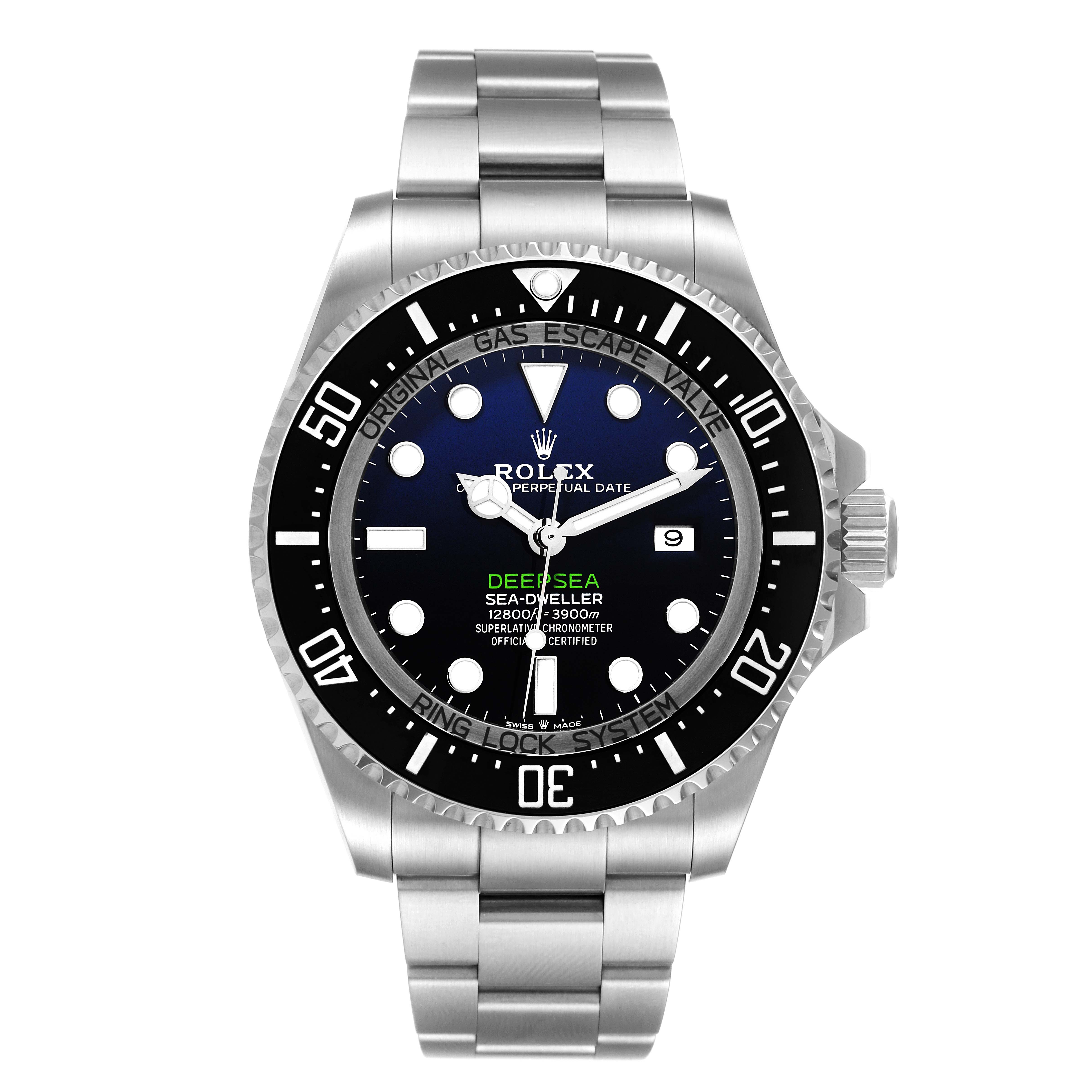 The image shows a front view of the Rolex Sea-Dweller 126660 Men
s Stainless Steel Blue Dial 126660 Men
s Stainless Steel Blue Dial watch, highlighting the face, bezel, and stainless steel bracelet.