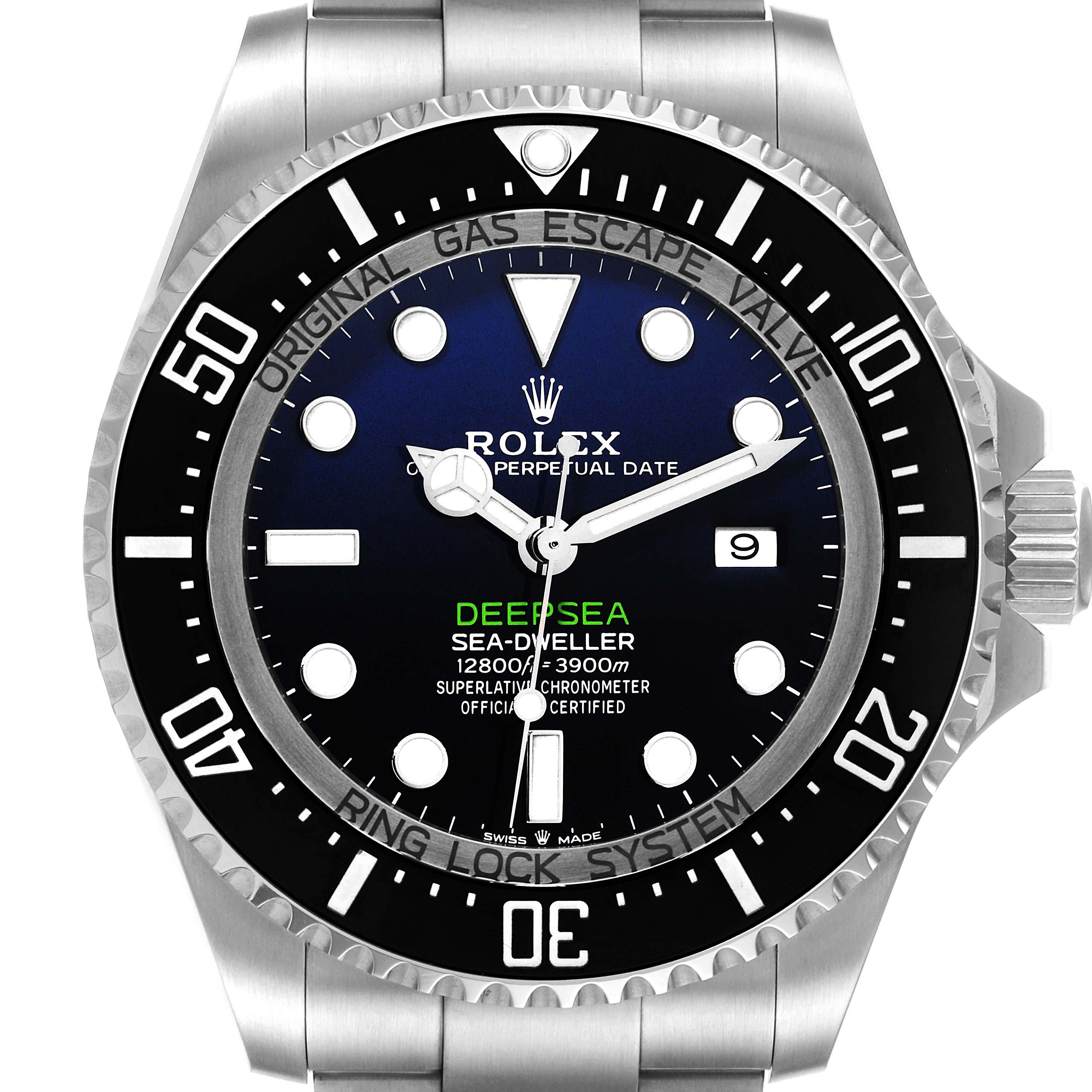 This image shows a front angle view of the Rolex Sea-Dweller 126660 Men
s Stainless Steel Blue Dial 126660 Men
s Stainless Steel Blue Dial watch, highlighting the face, bezel, and part of the bracelet.