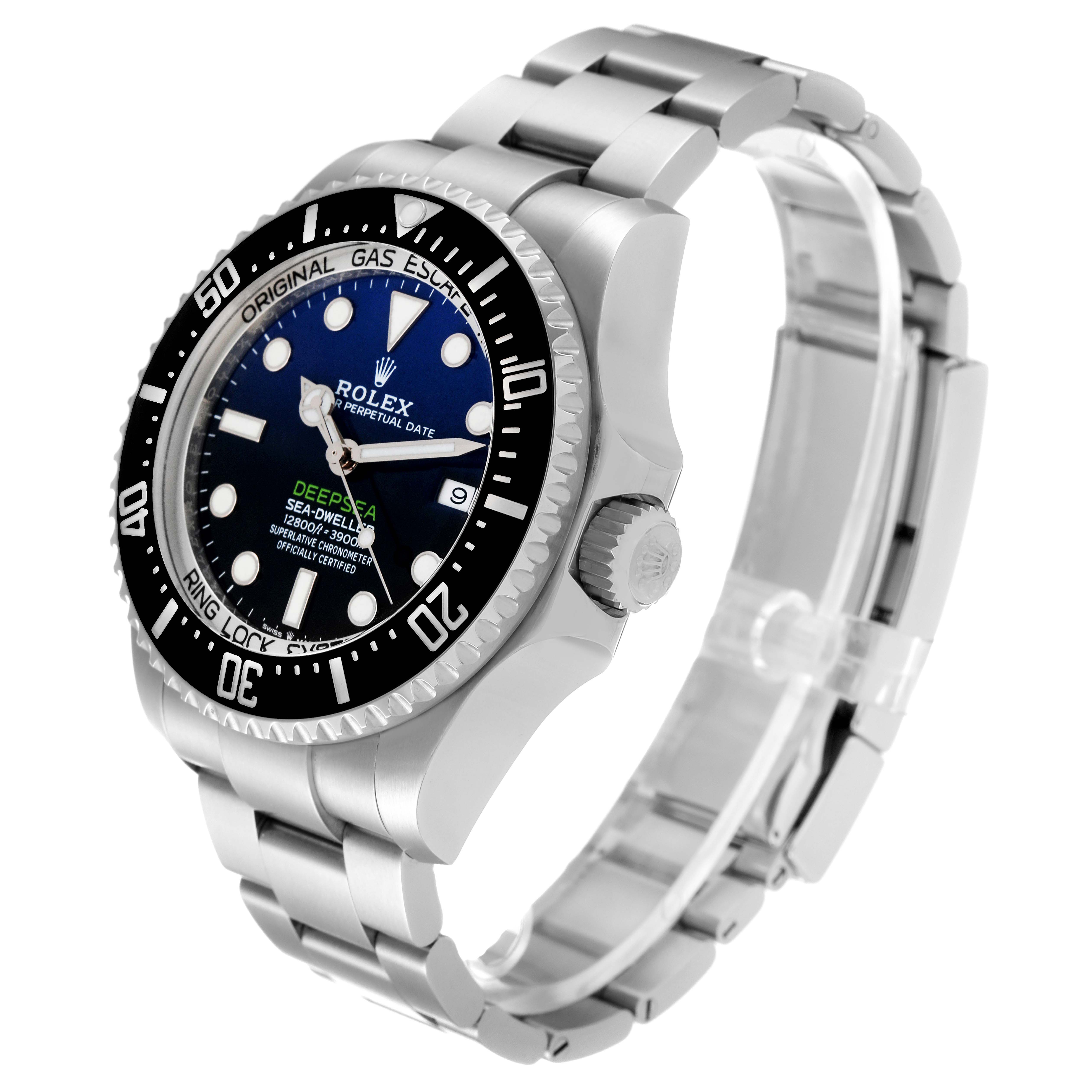 The image shows a side angle view of a Rolex Sea-Dweller 126660 Men
s Stainless Steel Blue Dial 126660 Men
s Stainless Steel Blue Dial watch, highlighting the bezel, dial, crown, and stainless steel bracelet.