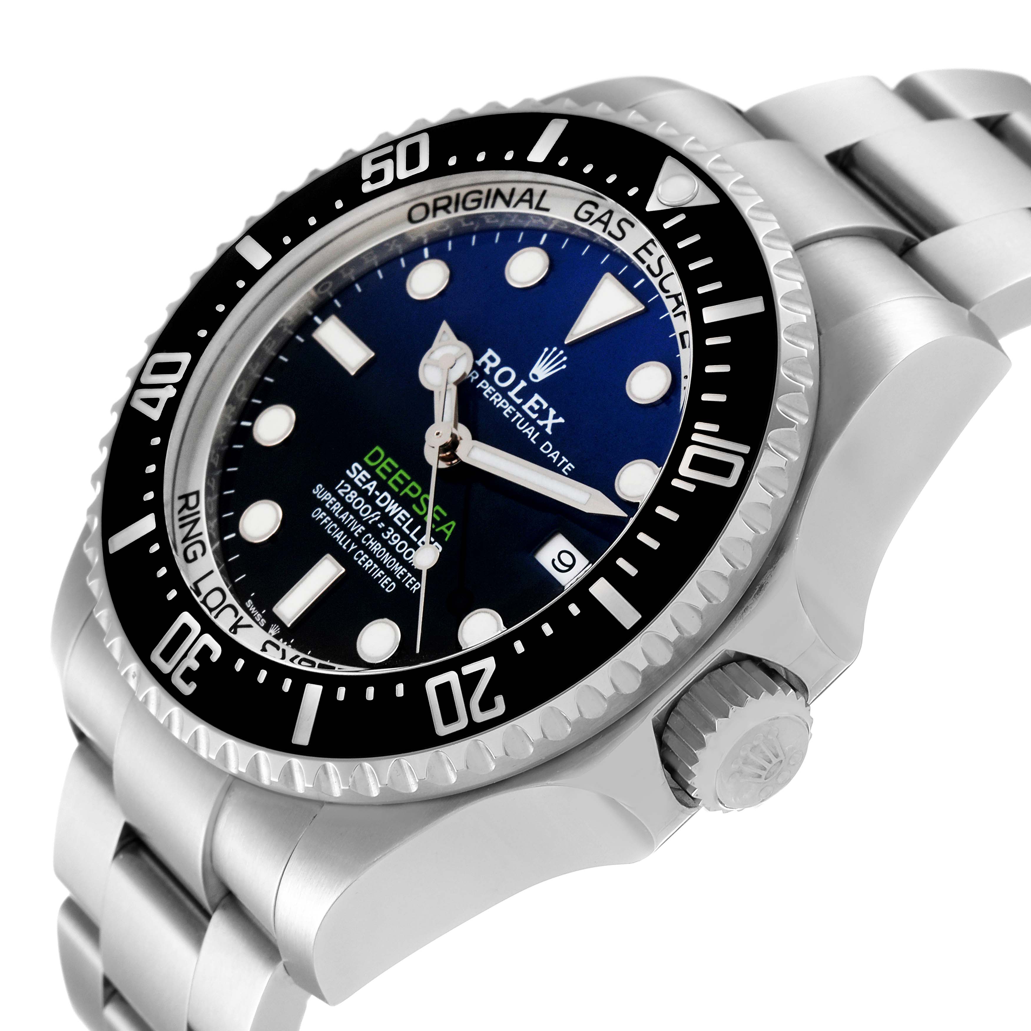 The image shows a side and partial front view of the Rolex Sea-Dweller 126660 Men
s Stainless Steel Blue Dial 126660 Men
s Stainless Steel Blue Dial watch, highlighting the bezel, dial, crown, and bracelet.