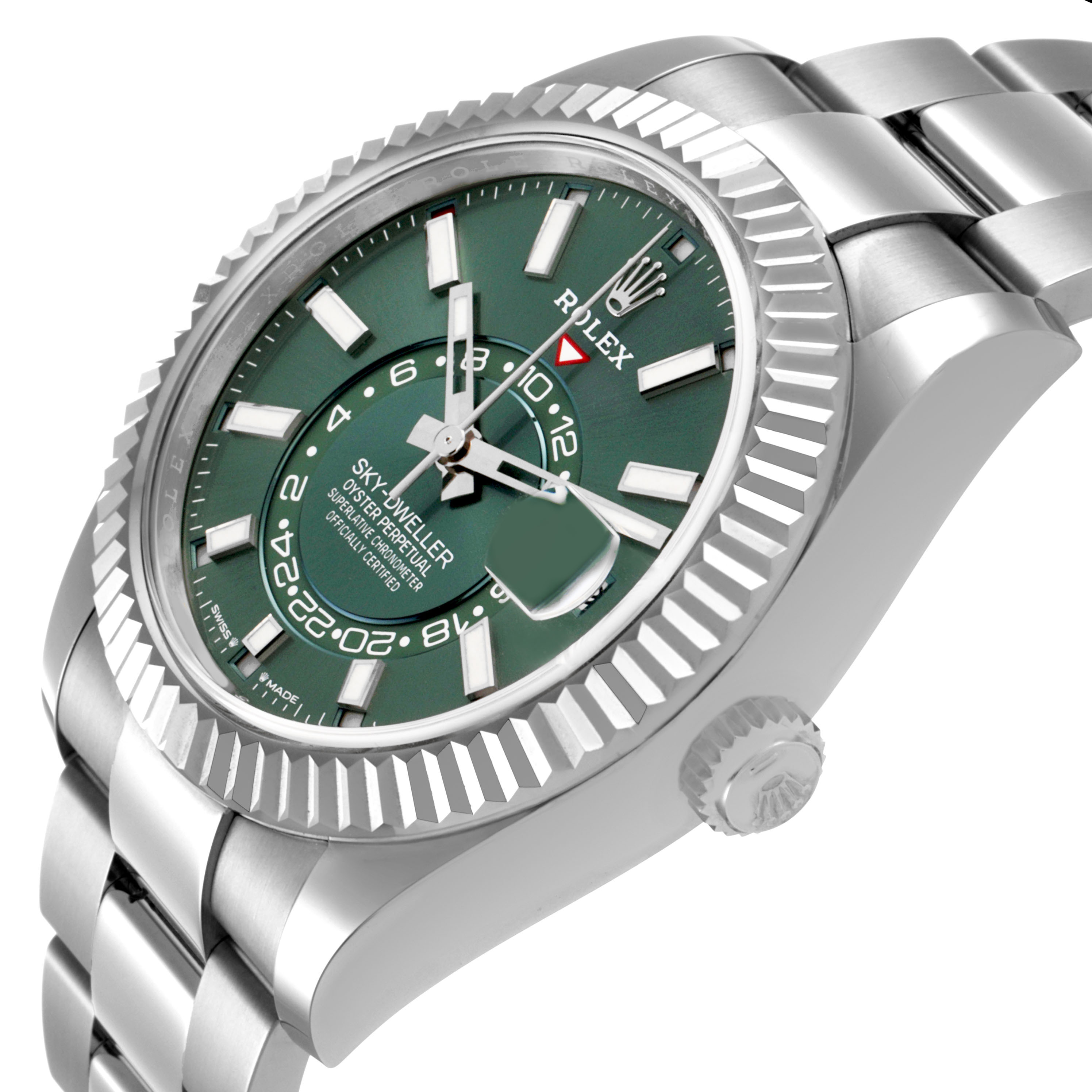 The Rolex Sky-Dweller 336934 Men's Stainless Steel Green Dial watch is shown from an angled side view, highlighting the dial, bezel, bracelet, and crown.