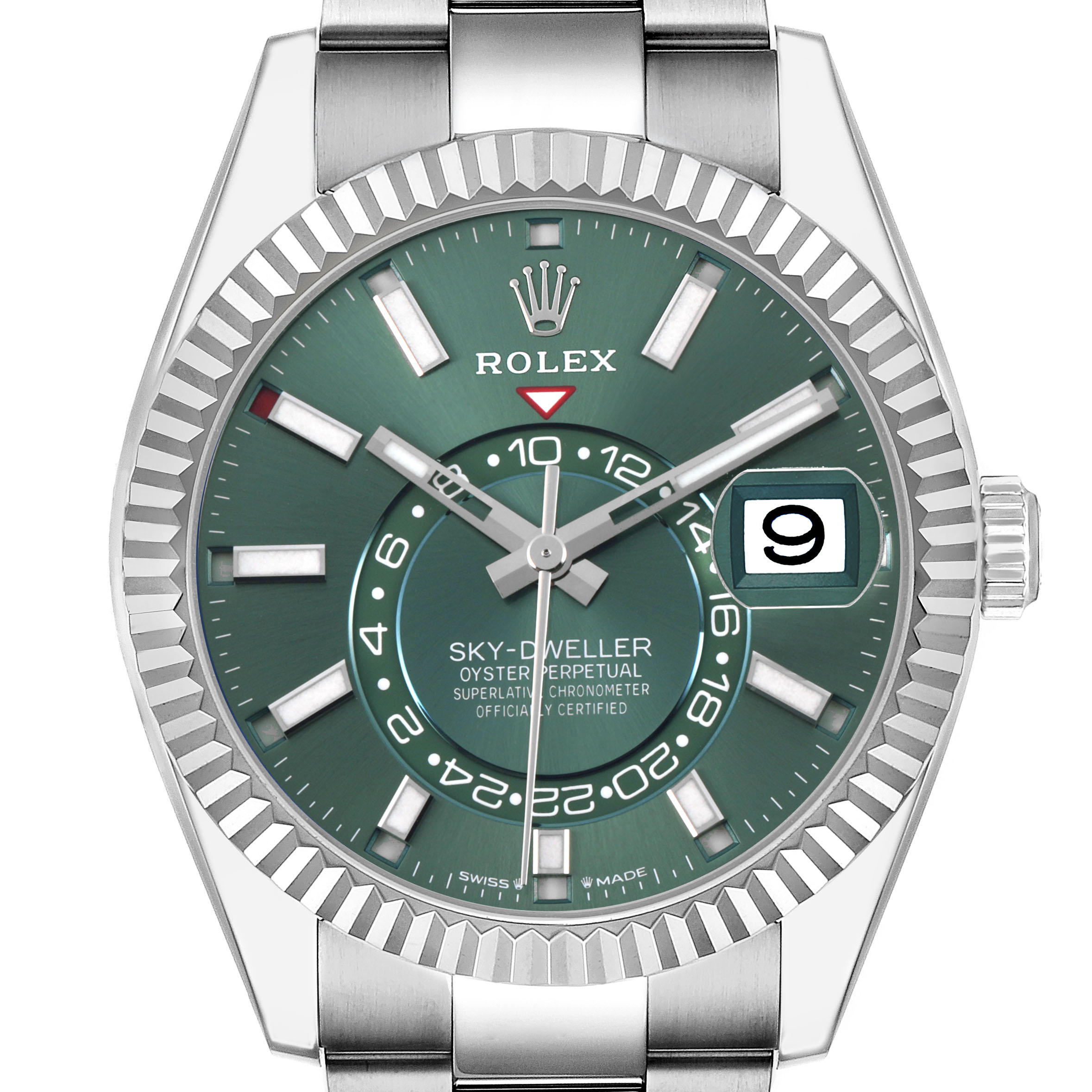 The Rolex Sky-Dweller 336934 Men's Stainless Steel Green Dial is shown from the front, highlighting the bezel, dial, and indices with a visible date window.