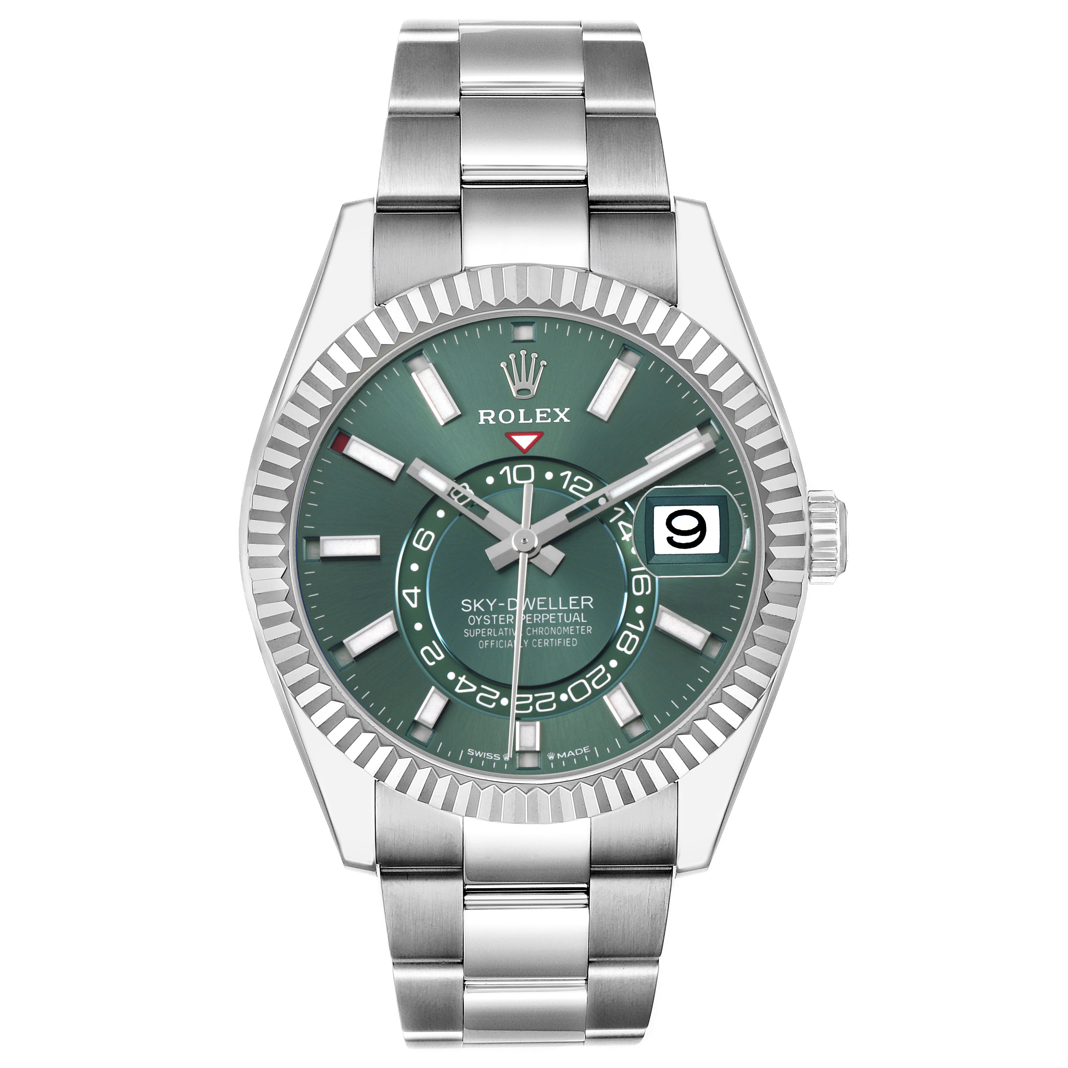 The Rolex Sky-Dweller 336934 Men's Stainless Steel Green Dial watch is shown from the front, featuring the face, dial, and bracelet.